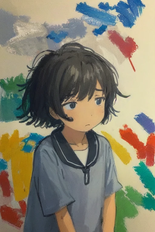 crayon style, rough art, anime girl, sad