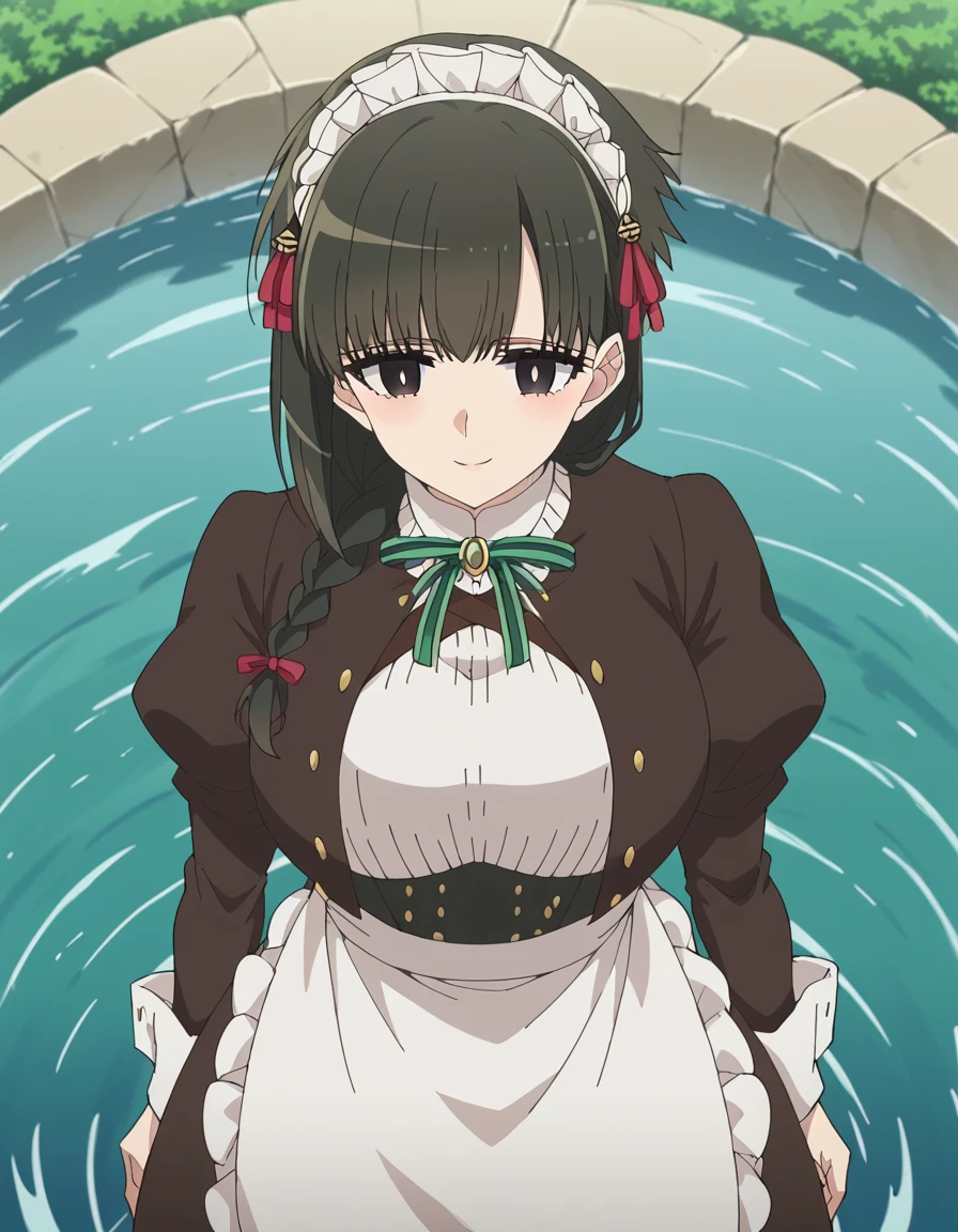 score_9, score_8_up, score_7_up, source_anime, <lora:kimimeido-yuki-s1-ponyxl-lora-nochekaiser:1>, kimimeido yuki, long hair, black hair, hair ornament, braid, black eyes, single braid, white pupils, large breasts, hair over shoulder, anime screencap,, long sleeves, ribbon, puffy sleeves, apron, maid, juliet sleeves, maid headdress,, well, water, stone, old, deep, smile, from above,, looking at viewer, solo,, dutch angle, cowboy shot