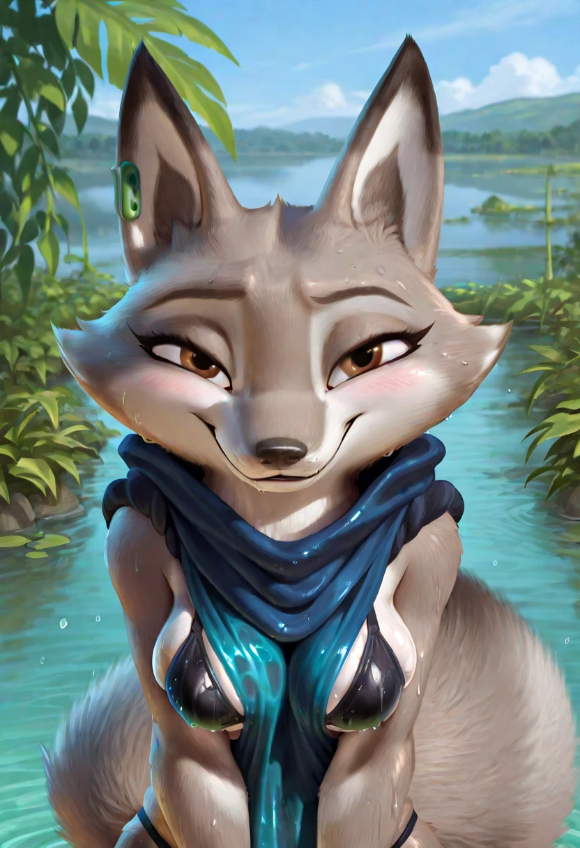 close, upper body, cute, blush, contour_deepening,depth of field, huge filesize, source_furry, best quality, amazing quality, detailed background, masterpiece, 1girl, looking at viewer, solo, (black bikini, wet cloth:1.3), lake, plants, coming out of the water, blush, outdoors, seductive smile, big boobs, thicc hips, ( sexy pose, seductive smile, seductive look, horny :1.1), zhen, fox girl, fox ears,brown eyes, gray and white fur, fox tail, jade earring, <lora:ZhenIL:1>