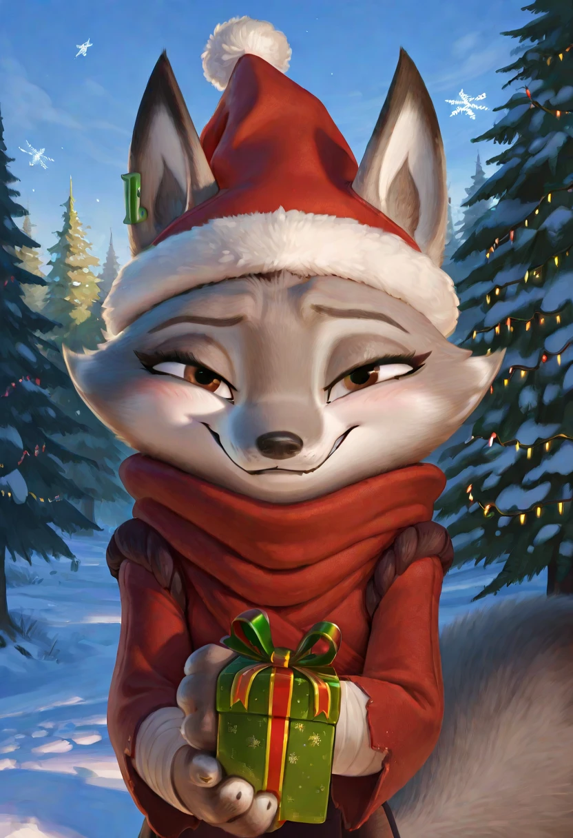 close, upper body, cute, blush, sky, forest, winter, snow, (mrs claus sexy costume, christmas hat:1.1), adorable, snowflakes, christmas decorations, christmas lights,christmas tree, gifts, contour_deepening,depth of field, huge filesize, source_furry, best quality, amazing quality, detailed background, masterpiece, 1girl, looking at viewer, solo, ( sexy pose, seductive smile, seductive look, horny :1.1),zhen, fox girl, fox ears,brown eyes, gray and white fur, fox tail, jade earring, <lora:ZhenIL:1>