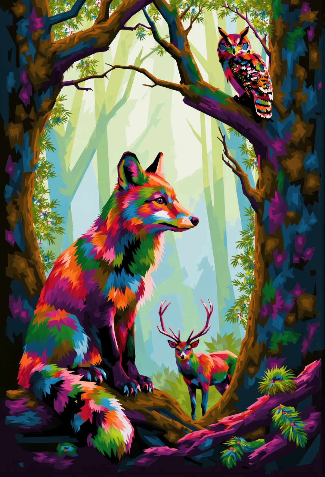 Geometric Colorful Forces,

In a mystical forest setting, the scene is painted in a stunning oil painting style, conveying a sense of both wonder and mystery. The main focus is a gracefully poised fox, its fiery red fur vividly contrasting with the dense, lush greenery surrounding it. The fox’s eyes are large and luminous, capturing an almost ethereal glow as it gazes curiously into the depths of the forest.

Supporting this mystical aura, numerous other animals emerge subtly from the foliage—an owl perched high amidst ancient, twisted branches, its form cleverly camouflaged against the bark; a deer partially hidden behind a thicket, its antlers resembling the forest’s own intricate network of limbs; and a serpent slithering silently across the forest floor.

In the background, dappled sunlight filters through the thick canopy overhead, casting shifting patterns of light and shadow across the forest. Mist clings to the ground, adding a wispy, spectral quality to the scene. The painting’s overall color palette blends rich earth tones with vibrant greens and delicate, glowing highlights, creating a captivating blend of realism and fantasy that invites the viewer to ponder the forest’s many secrets.