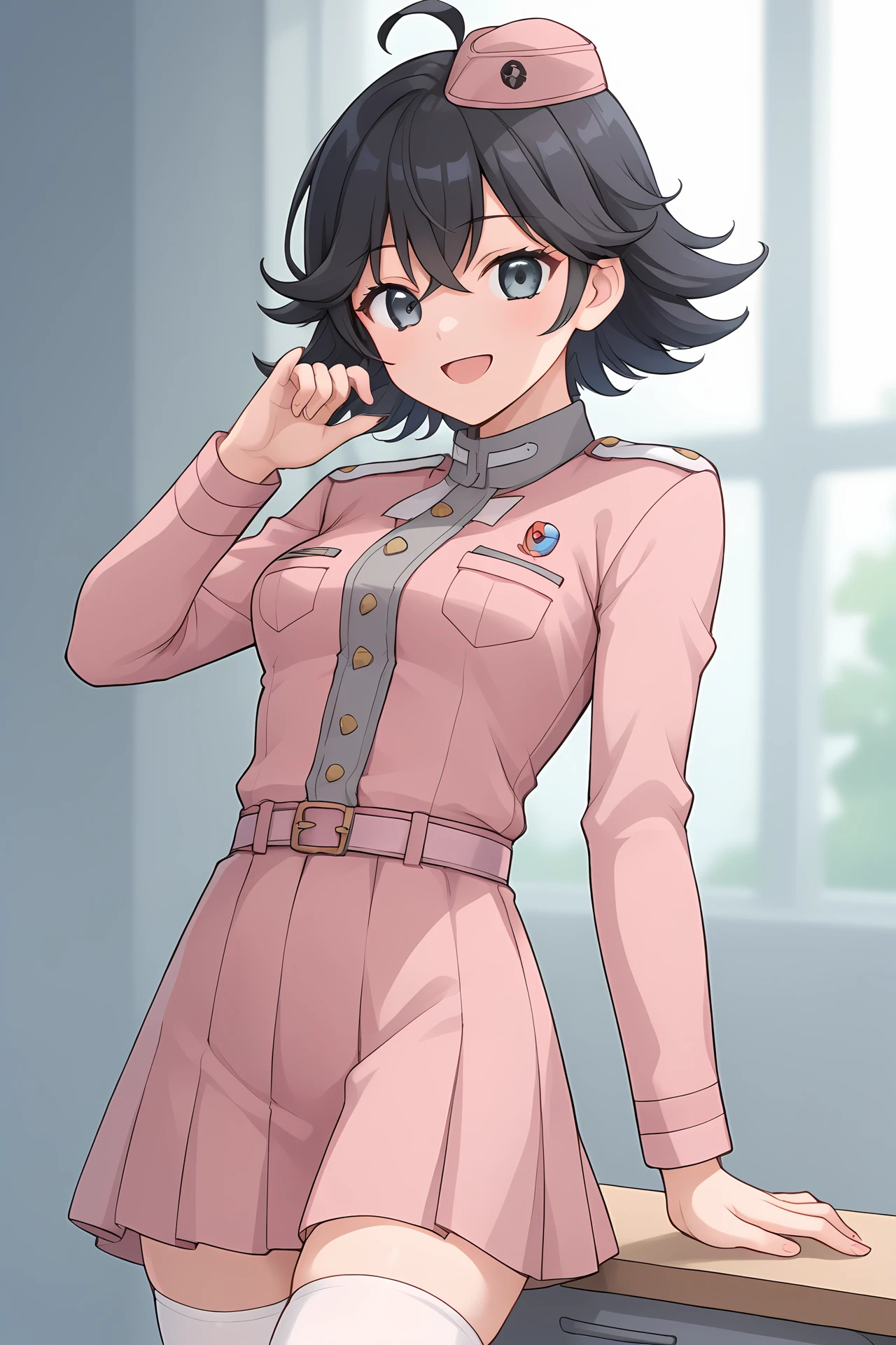 (pink uniform pink skirt belt white thighhighs:1.30), cra-tanya, pink garrison cap, grey eyes, [black hair], blue eyes, short hair, flipped hair, ahoge, 
medium breasts, 1girl, solo, skinny, (source_anime, score_9, score_8_up, score_8, score_7_up), score_7, score_6_up, score_6, score_5_up, score_5, 
(happy:1.30),
(school:0.60),
(close-up:1.40), (:1.10),
<lora:cra-tanya-V04:0.60>