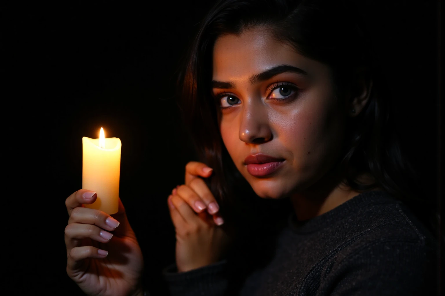 Close-up portrait of kritishukohwx, with a contemplative expression.  Her gaze is directed towards a lit candle she holds in her hands.  The woman's face and upper body are brightly illuminated by the candlelight, creating a stark contrast with the deep black background.  Her dark brown hair is slightly visible around her face and neck.  Her complexion is light brown, and she has expressive blue eyes and a soft, neutral expression.  The candle is a simple, pale yellow, and its light casts warm, golden hues on her face.  The clothing is a dark charcoal gray or black, and appears simple, with no specific details. The pose is informal, as though she is simply holding the candle, with the light source coming from directly in front of her.  No objects or details to draw attention to exist outside of the focal point, emphasizing the woman and the candle's light. The lighting is dramatic directional, highlighting textures and curves, focusing on the woman's profile. The overall atmosphere is serene, contemplative, and slightly introspective due to the dark background and focused subject. The style is photographic realism, with emphasis on highlighting the candlelight's effect on the woman's face.