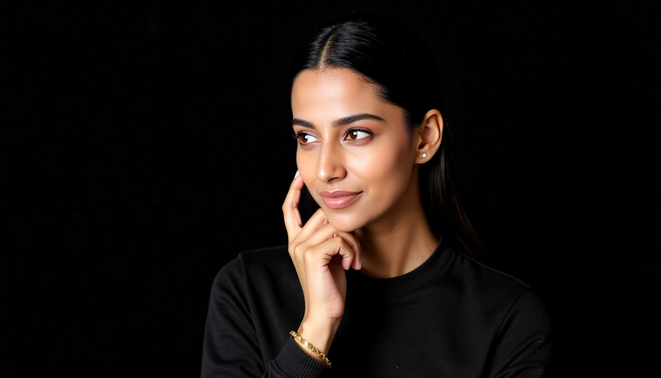 Close-up portrait of meencohwx  with dark hair pulled back. Soft, contemplative expression; gaze is directed slightly to the viewer's right. She's subtly touching her face with her hand, creating a relaxed pose. Wearing a dark-colored, likely black, long-sleeved top. The style is simple and understated. A light gold metal bangle sits on her wrist, adding a touch of visual interest.  Strong light source creates dramatic highlights and shadows, emphasizing facial contours; the lighting is theatrical, almost studio-like. Deep black background creates high contrast, drawing attention to the subject.  Composition is centered, with the woman positioned slightly off-center to create visual balance.  Muted tones, with a low-key atmosphere; serene and calm mood.  Classic portrait style.