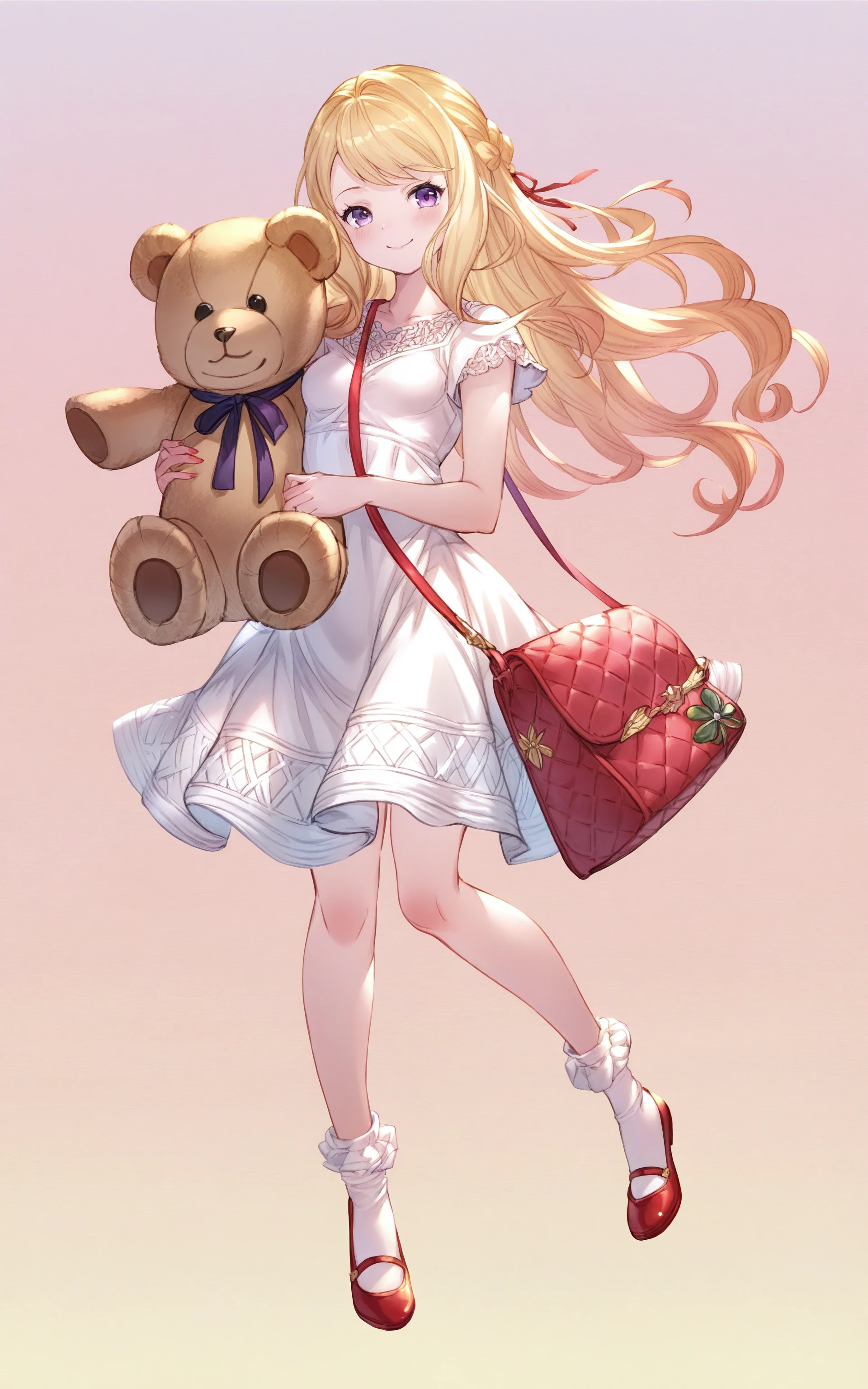 highres,absurdres,masterpiece,best quality,<lora:Granblue Fantasy XLV2:1>,solo,1girl,looking at viewer,full body,blush,smile,blonde hair,purple eyes,small breasts,long hair,white dress,red shoes,handbag,holding teddy bear,gradient background,