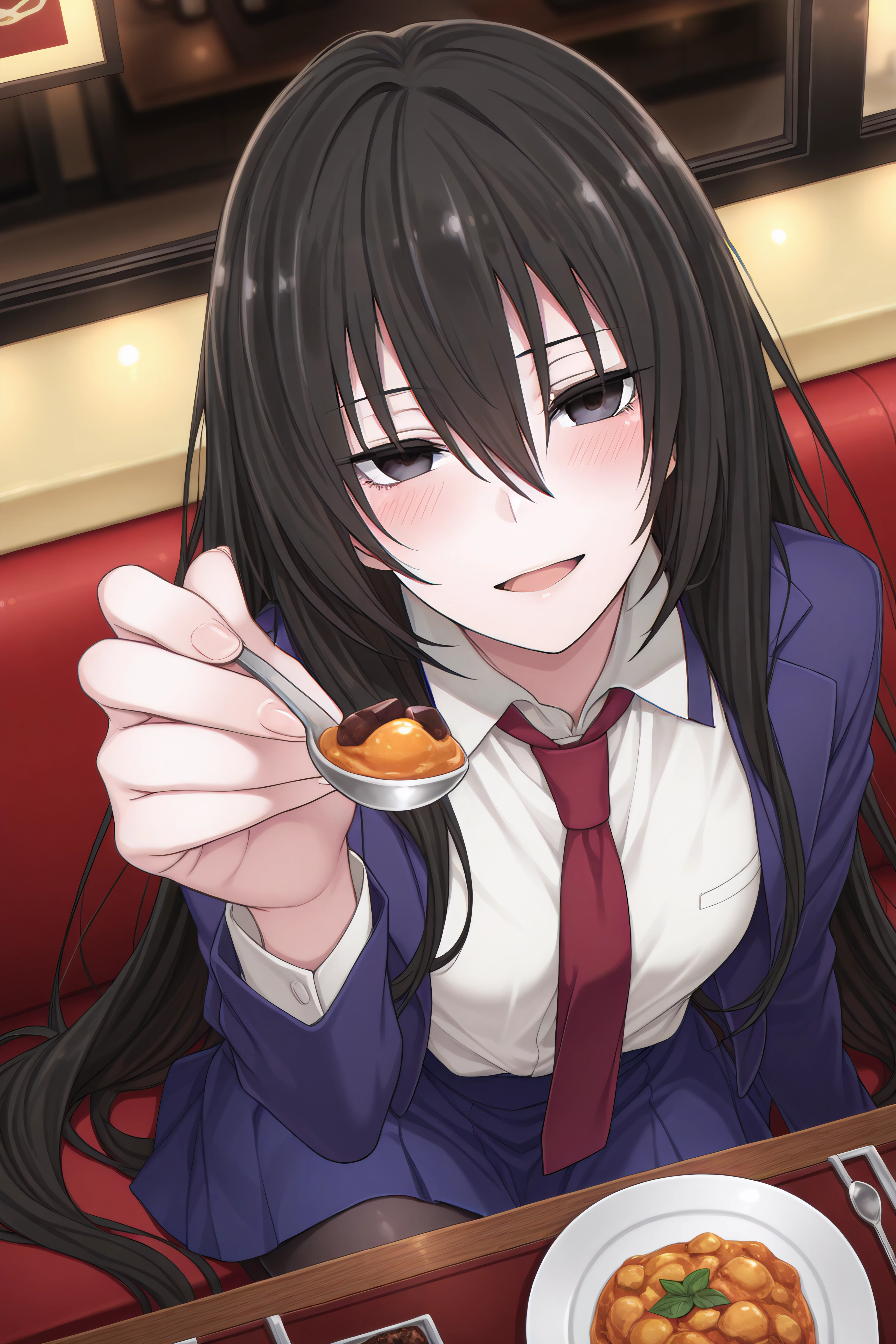 masterpiece, best quality, <lora:Kirukiru Amou-Illustrious-lora-Faxtron:1> kirukiru amou, black eyes, black hair, very long hair, cropped blue blazer, white shirt, red necktie, blue skirt, black pantyhose, 
 <lora:incoming-spoon-ponyxl-lora-nochekaiser:1> incoming food, spoon, holding, holding spoon, food, looking at viewer, open mouth, blush, smile, restaurant, plate, hand up,,