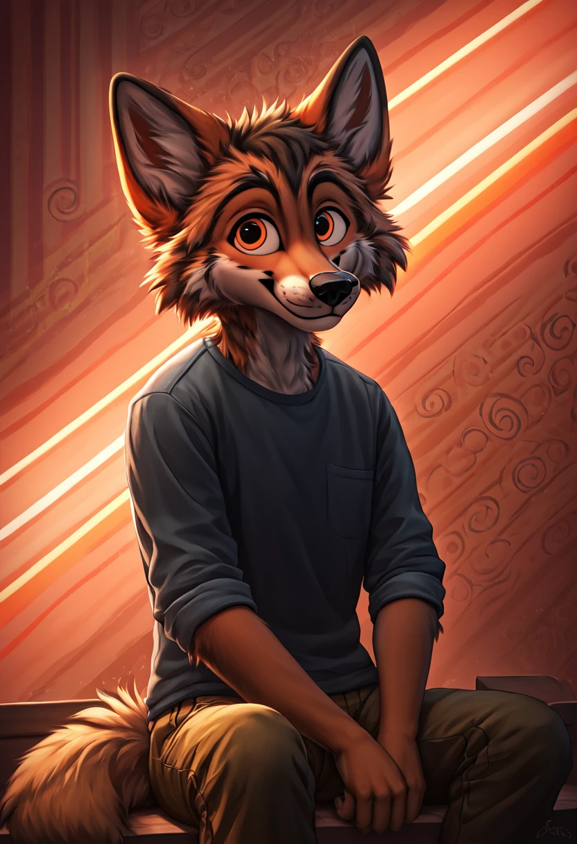 Masterpiece, beautifully detailed, Detailed Background,  score_9, score_8_up,  <lora:line_background:1.0>, (lines_light_background:1.2), (spiral orange lines background:1.2), furry male adult wolf, brown and black fur, wearing a tshirt and cargo shorts, sitting on the chair, looking at into the distance, smiling, happy, expressive,
 <lora:Jacato_-_Art_Style:1>, Jacato