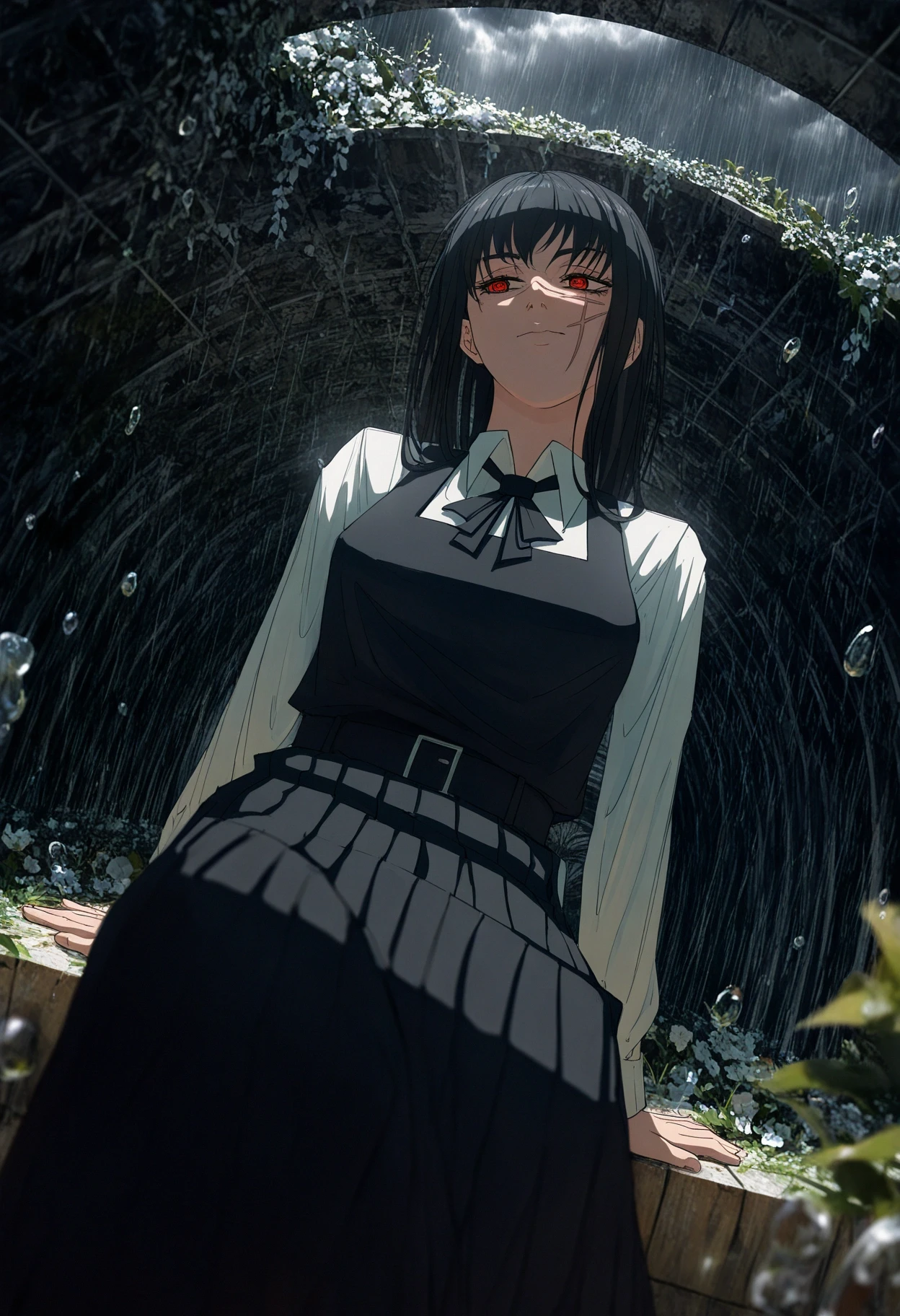 void 0, realistic,  very awa, masterpiece, highres, absurdres, newest, year 2024, year 2023,  blurry foreground,  1girl, solo,  yoru \(chainsaw man\),  sideways glance, staring, thick eyelashes, long eyelashes, red eyes, head tilt, leaning back, arm support, outstretched leg,  flowers, wide shot,  detailed background, scenery, dutch angle, perspective, rain, puddles, water drop, grey sky, grey clouds, dappled light, under bridge, <lora:96_chadmix_vpred10_1a.safetensors:1.0>,