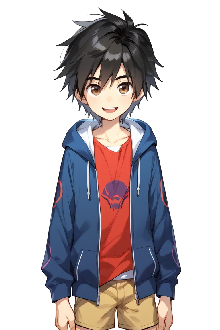 1boy,solo,male focus,hiro hamada,black hair,brown eyes,hood,shorts,smile,looking at viewer,open mouth,upper body