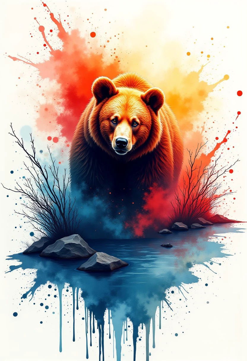 "Intense Coloful Ink splash art of a bear. inksplash style background. River. High quality