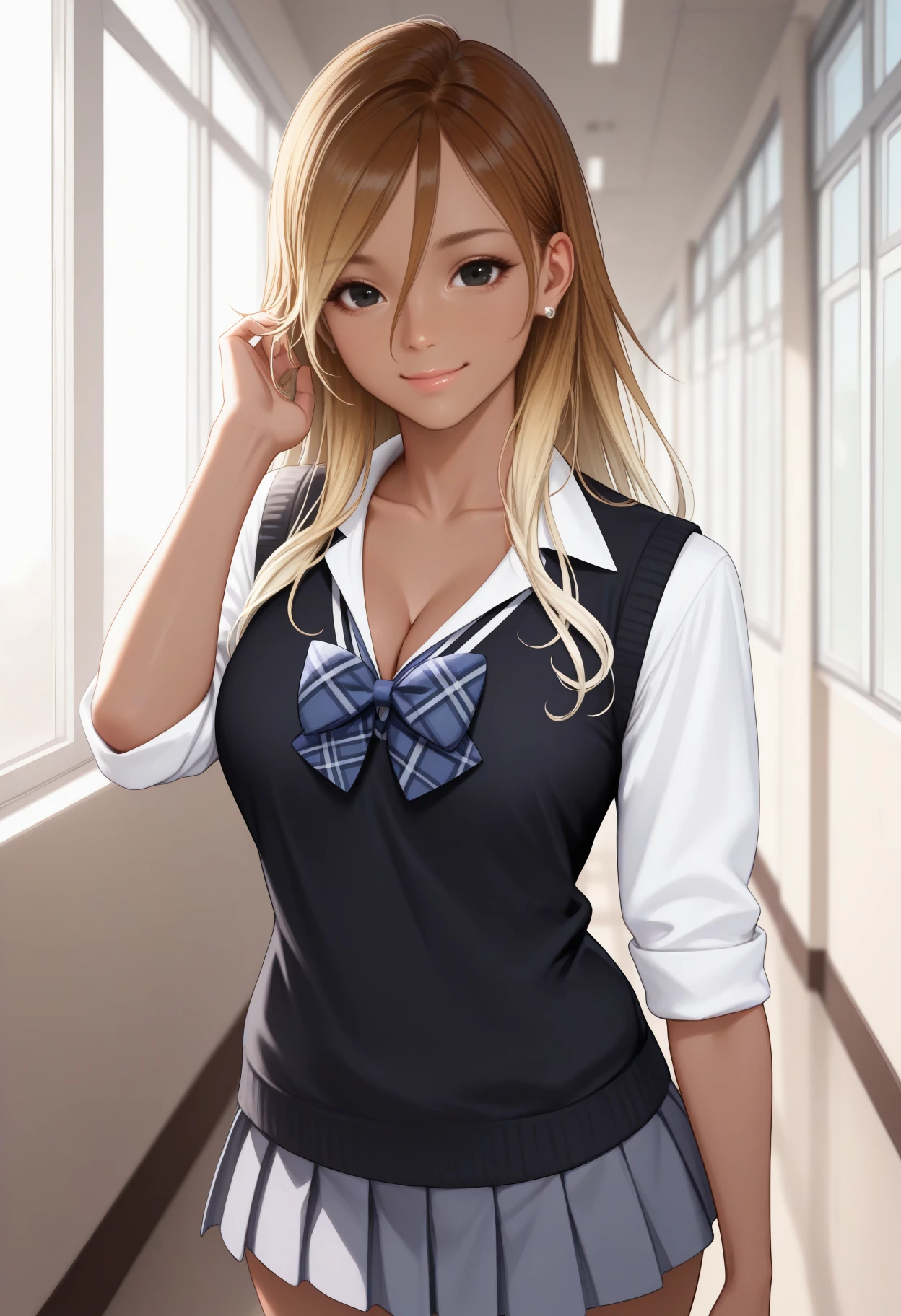masterpiece, best quality, realistic, solo, 1girl, 1zum1, dark-skinned female, tan, smile, looking at viewer, standing, hand in own hair, long hair, gradient hair, brown hair, blonde hair, hair between eyes, black eyes, school uniform, black sweater vest, white shirt, collared shirt, blue bow, plaid bow, sleeves rolled up, grey skirt, pleated skirt, miniskirt, earrings, collarbone, cleavage, indoors, hallway, window
<segment:yolo-Anzhc Face seg 640 v2 y8n.pt,0.4,0.5//cid=1>