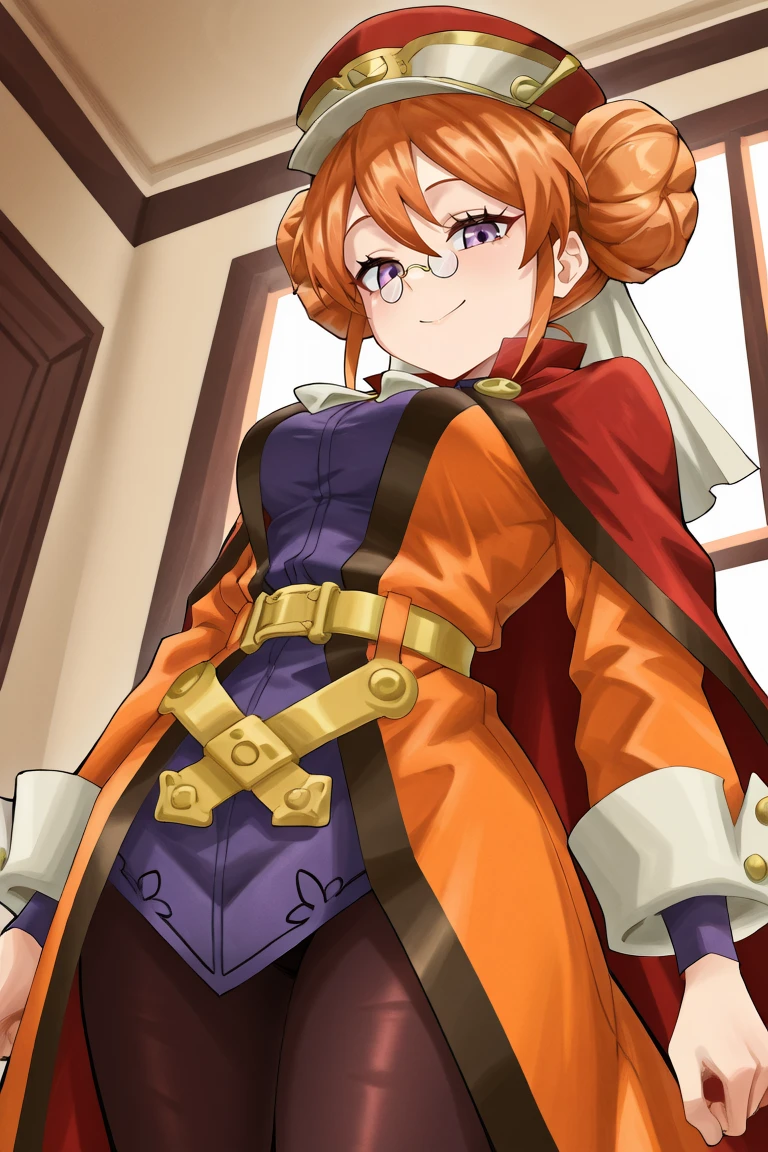 <lora:EudyIL:0.8>, eudef, 1girl, purple eyes, orange hair, double bun, doughnut hair bun, (pince-nez glasses), red cape, hat, veil, black leggings, orange coat, shirt under coat, purple shirt, yellow belt, half-closed eyes, happy, looking at viewer, from below, looking down, interior, bedroom, solo, masterpiece, very aesthetic, absurdres, best quality, amazing quality, high resolution, detailed background, <lora:illustrious_quality_modifiers_masterpieces_v1:0.8> ,