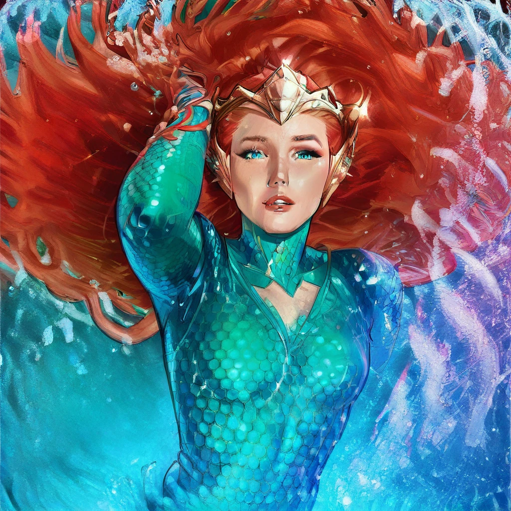 "0" :"p1n7p, 1girl, solo, long hair, red hair, parted lips, blue eyes, floating hair, water, mermaid, crown, bodysuit, monster girl, breasts, looking at viewer, p1n7p",

