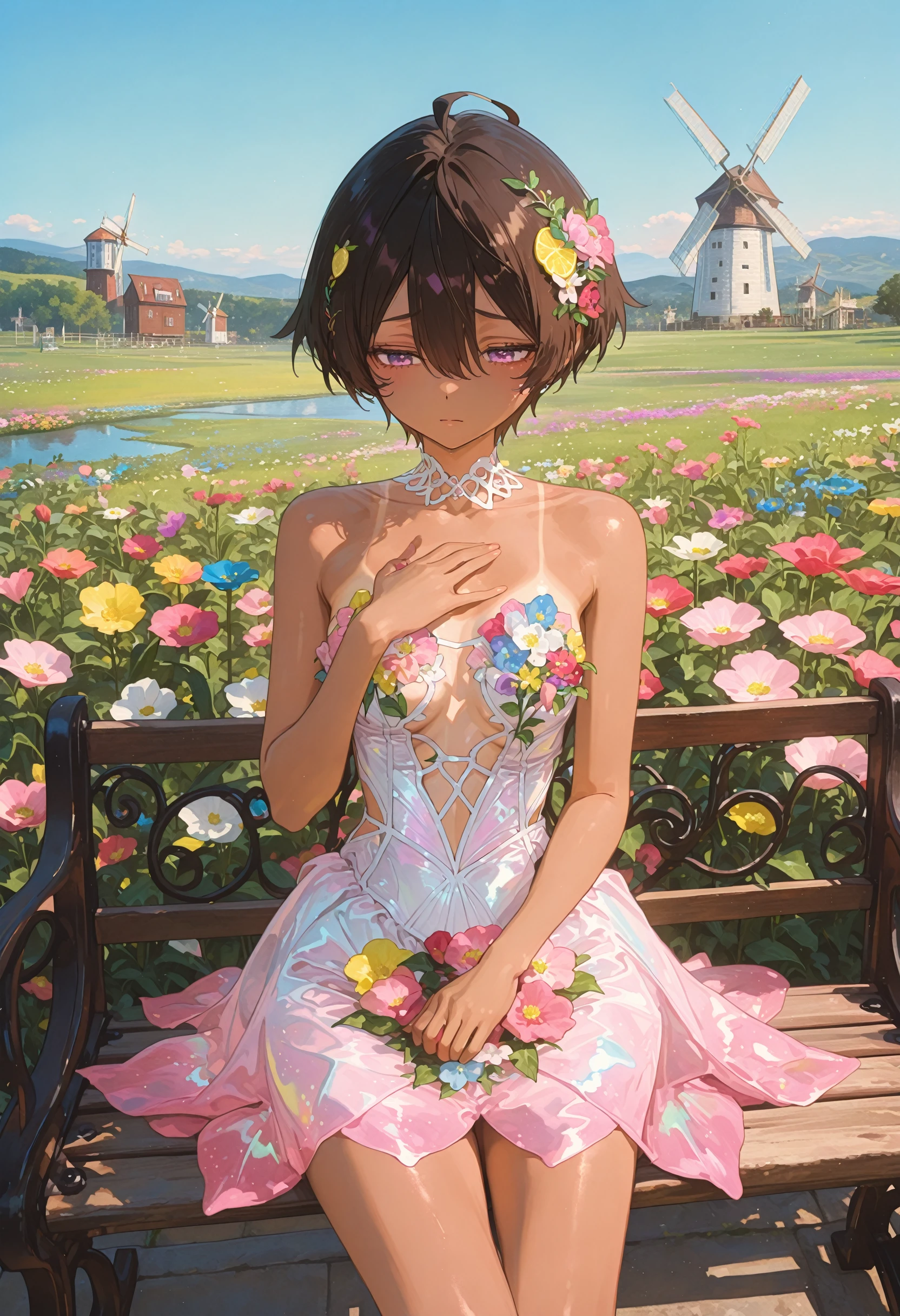 perfect quality,high quality,masterpiece,absolutely eye-catching,ambient occlusion,raytracing,front view,full_shot,vanishing point,
1girl,dark-skinned female,purple eyes,hair between eyes,short hair,black hair,brown hair,lemon hair ornament,food-themed hair ornament,ahoge,small breasts,tanlines,bangs,hairclip,yakishioremon cyql,
furrowed brow,sitting,hand on own chest,Whimsical,Elegant mermaid gown with a strapless sweetheart neckline and lace appliqués,pink white  gradient clothes,beautiful face,beautiful eyes,perfect body,sexy,Serene sky,at Daybreak,(in Flower garden,colorful flower garden,landscape of flowers:1.5),( blue sky,cumulonimbus),(windmill:1.3),(wooden bench:1.2),(many flowers are blooming:1.3),intricate cinematic background,detailed background,
laser light clothes,qxys,748cmstyle,<lora:spo_sdxl_10ep_4k-data_lora_webui:0.7>,<lora:illustrious_all_rated_v1:0.7>,<lora:laser_light_clothes_v0.5-pony:0.4>,<lora:748cmSDXL:0.9>,<lora:Yakishio Remon_Illustrious by Cyql:0.8>,