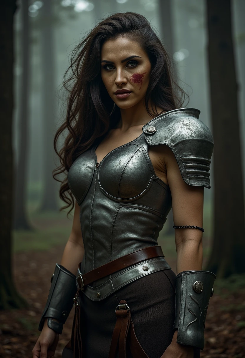 This is a high-resolution photograph of a fierce, armored warrior standing in a dense, misty forest. The warrior, a woman with long, wavy brown hair that flows around her face, has a determined, intense expression. Her skin is lightly tanned, and she has mesmerizing eyes that are highlighted by the dim, ethereal light filtering through the trees. Her face is adorned with war paint, specifically a bold red streak across her left cheek, which adds to her fierce appearance. She is clad in heavy, metallic armor that appears to be made of steel, with intricate, overlapping plates that cover her shoulders, chest, and arms. The armor has a weathered, battle-scarred look, with visible scratches and dents, suggesting she has seen her fair share of combat. The background is a dense forest, with tall, dark trees that stretch upwards, their trunks blurred due to the mist. The ground is covered in fallen leaves and debris, adding to the rugged, untamed atmosphere. The overall mood of the photograph is dark and intense, emphasizing strength and determination. J4SM1N