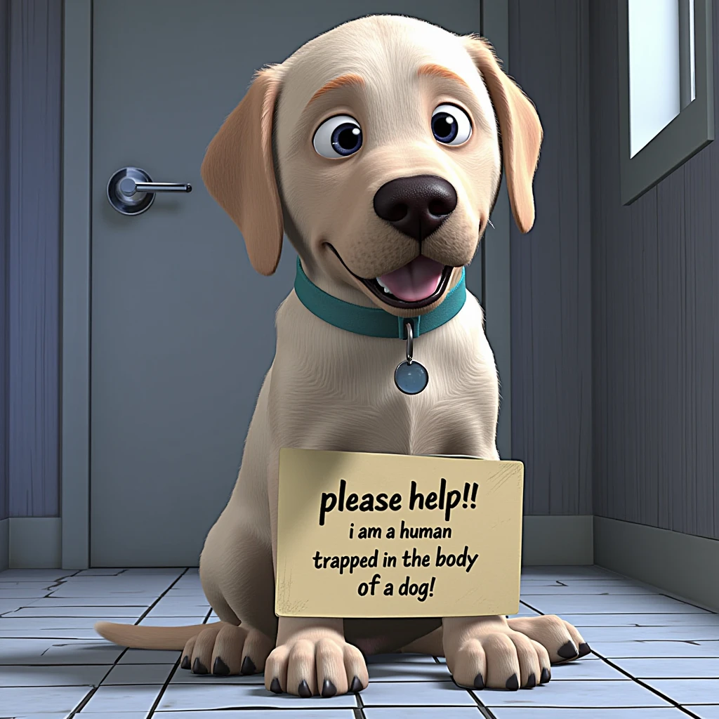 3d render in ti artstyle, a cute labrador dog sitting down on a floor with a sign in front of it that reads "please help! i am a human trapped in the body of a dog!"