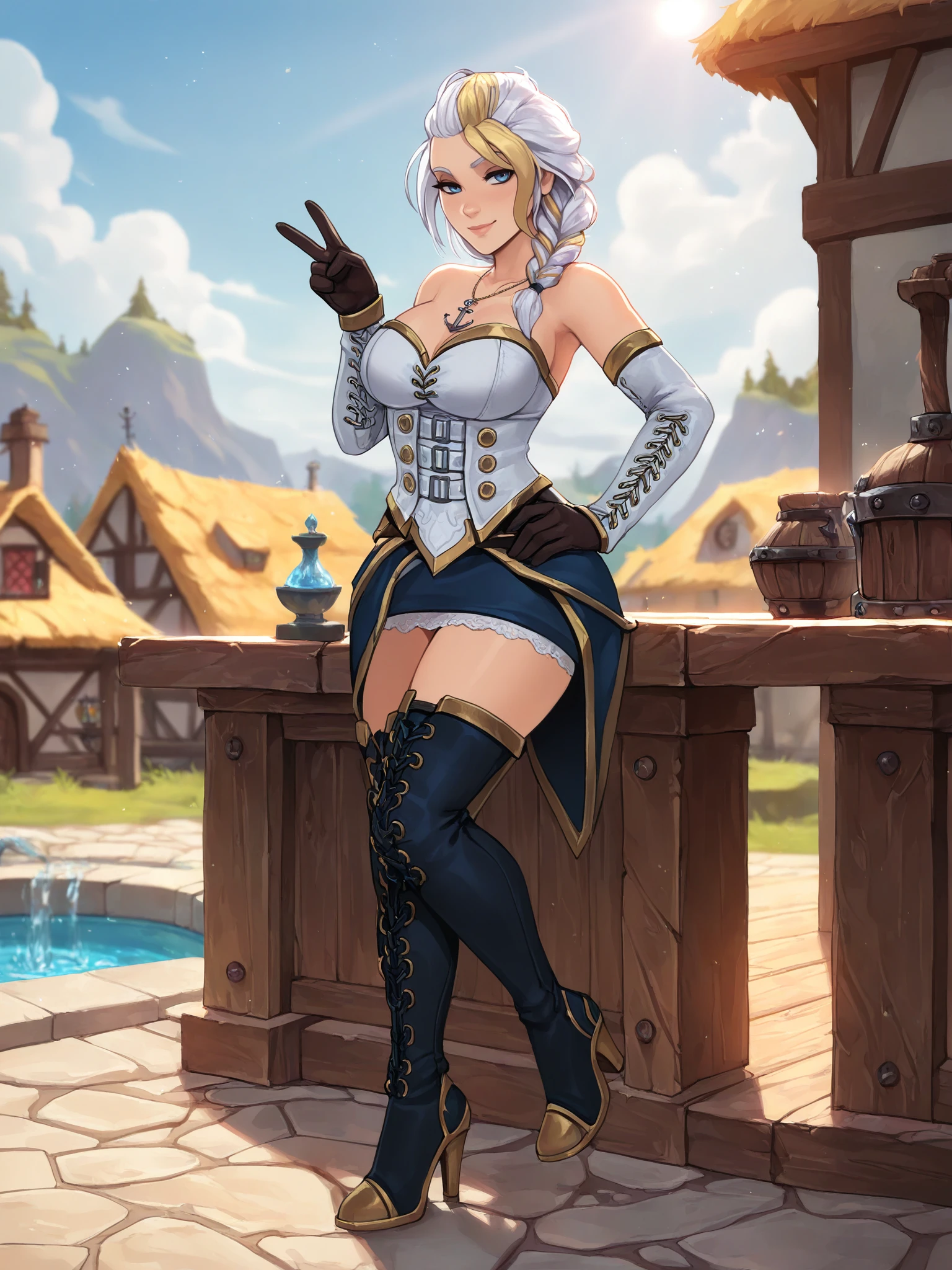 masterpiece, good quality, best quality, very awa, very as2,
1girl, jaina proudmoore,
solo,
standing, leaning back, fountain, leaning on object, hand on own hip, standing, full body, close-up, V,
looking at viewer, light smile, flirting, seductive smile,
anchor necklace, white hair, blonde hair, single braid, streaked hair, blue eyes,
corset, bare shoulders, detached sleeves, gloves, miniskirt, thigh boots, high heels,
curvy, large breasts, cleavage,
outdoors, day, sun, palms, village, mountains,
<lora:Jaina Proudmoore3216NoobAI-VpredMinSNR:1>
cinematic, shadow, epic, detailed