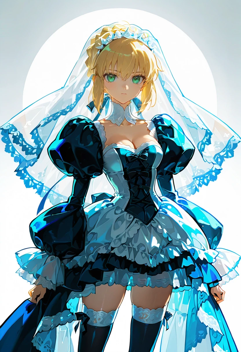 1girl,solo,looking at viewer,ikeda ruriko, bl dress, veil,puffy sleeves,thighhighs, saber_(fate)