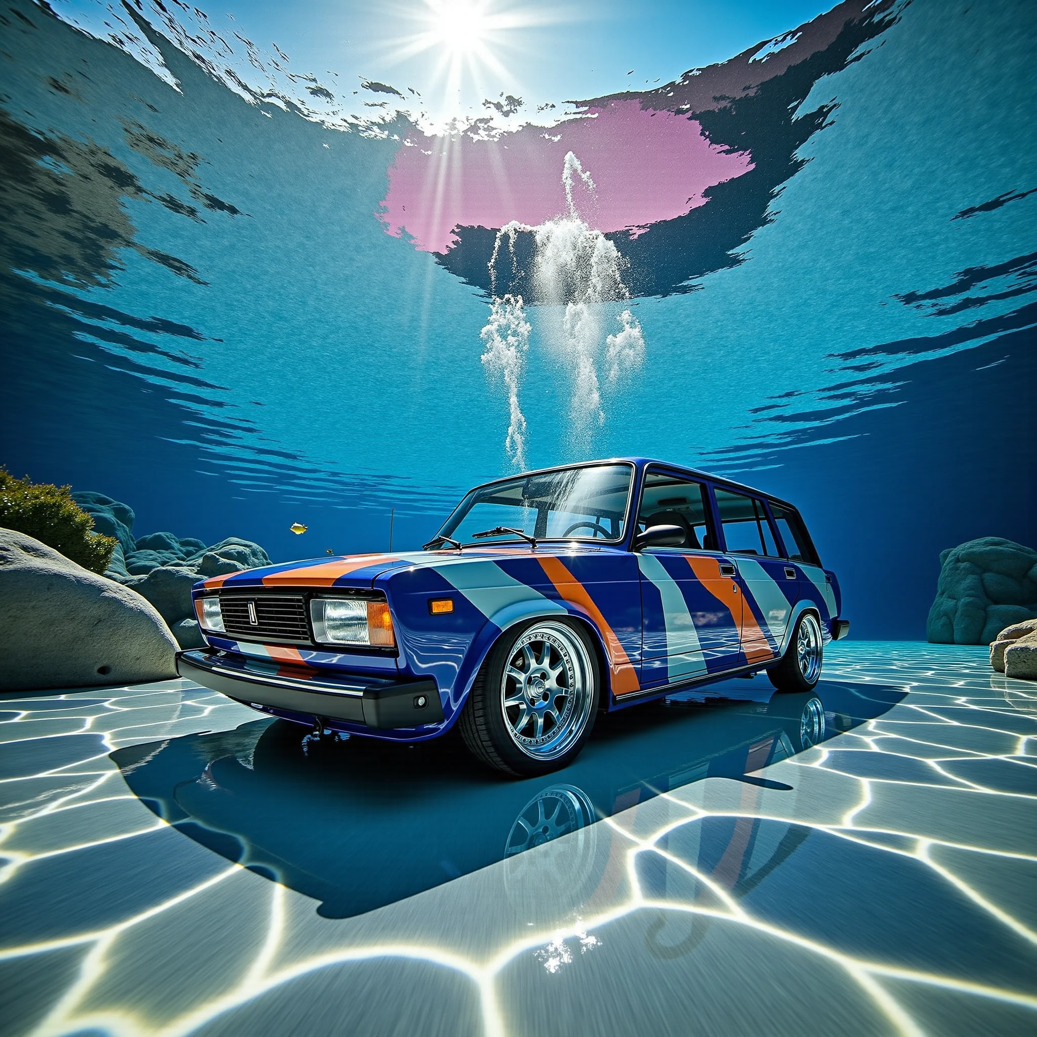 vaz_2104, At the bottom of a crystal-clear pool surrounded by glass walls, a stunning tuned car rests underwater. The water around the car shimmers with sunlight, creating magical reflections on its body. The submerged vehicle looks mysterious and exotic, its vibrant colors contrasting with the blue of the water. Small fish swim around, and stones and aquatic plants can be seen on the bottom, creating an atmosphere of an underwater world. Light filtering through the surface creates a striking play of light, adding a sense of magic and intrigue   <lora:vaz-2104-1-56-3024:1>