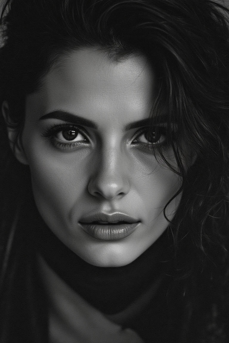 portrait inspired by Peter Lindbergh's photographic style, a woman looking directly into the camera with an intimate and deep expression.,stanaflx