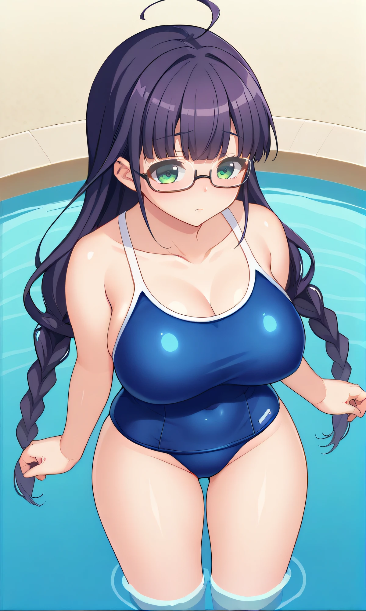 score_9, score_8_up, score_7_up, source_anime, rating_safe, intricate details, anime screencap, official style, anime coloring, 1girl, solo, <lora:Makihara_Yukino:1>, prezyukino, green eyes, glasses, long hair, twin braids, huge breasts, collarbone, school swimsuit, blue swimsuit, pool, blush, partially submerged, from above, outdoor, five fingers, detailed hands