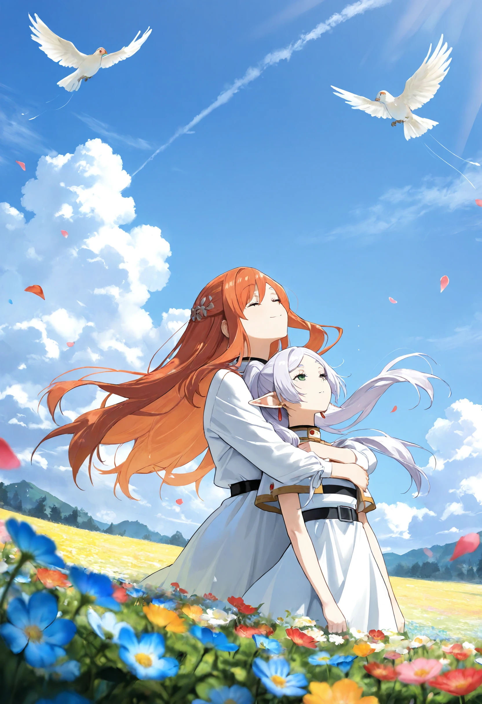 2girla, flamme hug from behind frieren, sousou no frieren, flamme closed eyes smiling, frieren looking up, Flower fields , multicolored flowers, petals flying, dappled sunlight,, masterpiece, best quality, amazing quality, detailed background, intricate details