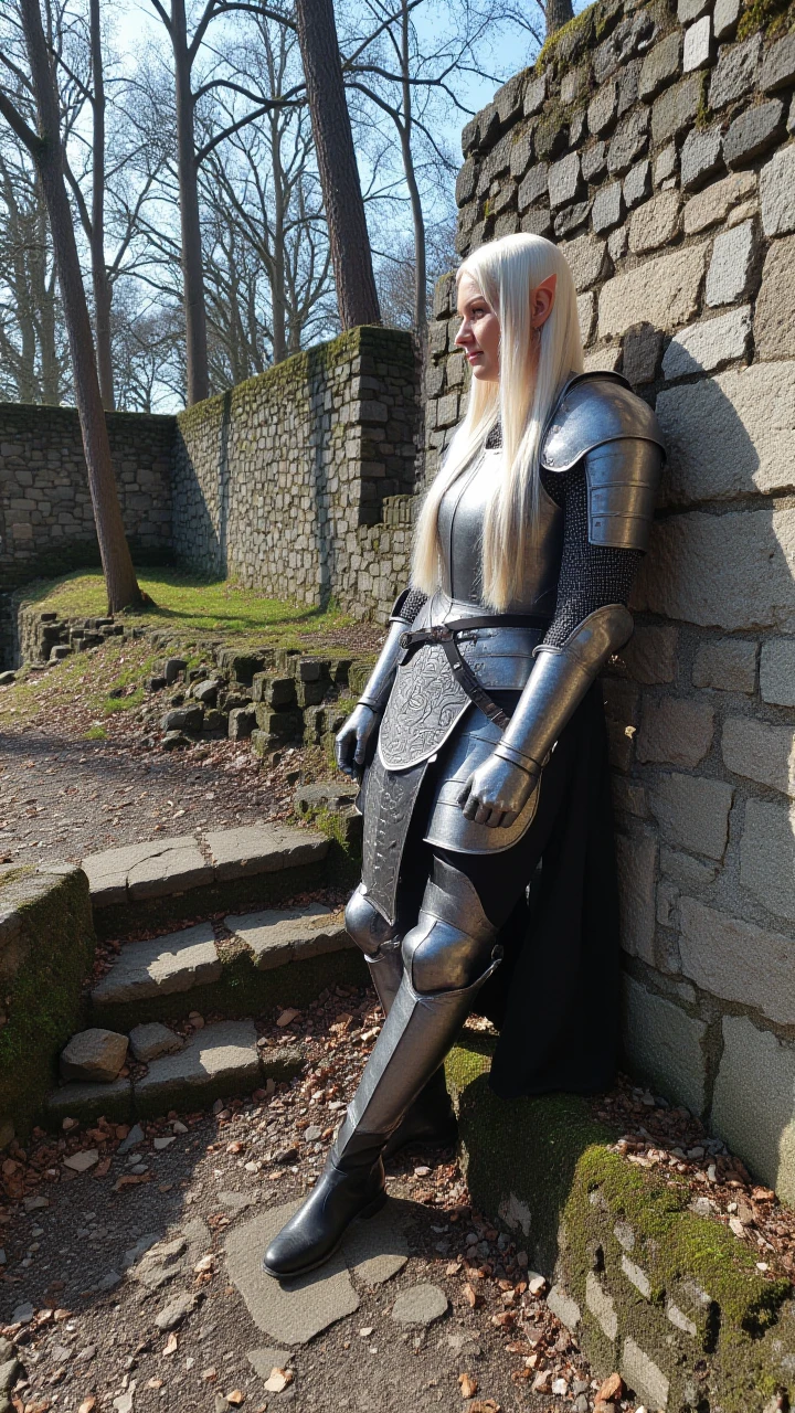 f/1.8, 26mm (wide), sharp background in focus, image in tr artstyle, woman in her late 20s in detailed medieval silver plate armor with intricate gravings and chainmail underneath, long straight platinum blonde hair, long pointed ears, leaning against stone mossy wall, outdoor forest ruins setting, sunlight casting shadows, stone mossy destroyed steps in foreground, rocky ground, bare trees, natural lighting, dutch angle