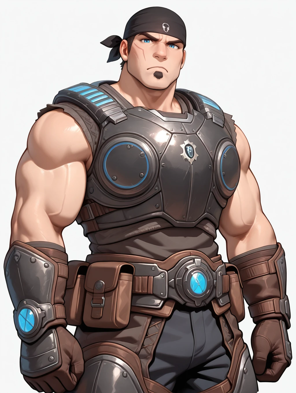 <lora:OG_Marcus_Fenix_IL:0.97> ogmarcusfenix, black bandana, sleeveless armor, muscular, bara, goatee, white background, scar on face, blue eyes, cowboy shot, frown, looking at viewer, gloves, masterpiece, best quality