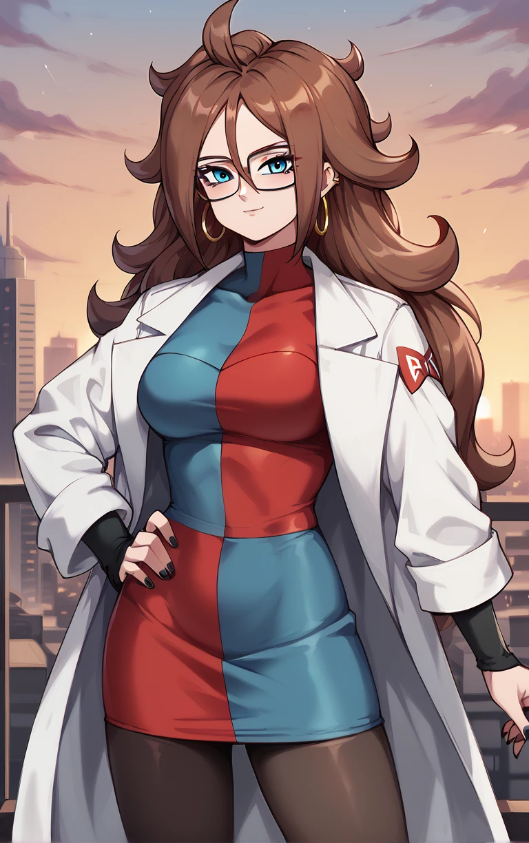 score_9, score_8_up, score_7_up, BREAK
HumanForm_Labcoat_Android21_ownwaifu, android 21, 
1girl, big hair, blue eyes, brown hair, curly hair, glasses, hoop earrings, jewelry, long hair, spiked hair, hair between eyes, medium breasts, nail polish, black nails, black-framed eyewear, messy hair,
lab coat, white coat, long sleeves, checkered dress, black pantyhose, short dress, blue dress, red dress, turtleneck dress, impossible clothes, taut clothes, collarbone, 
(contrapposto, hand on hip), sunset, sidelighting, cityscape, vanishing point, outdoors, <lora:PONYXL_Android21_DragonBall_ownwaifu:1> , depth of field, solo,