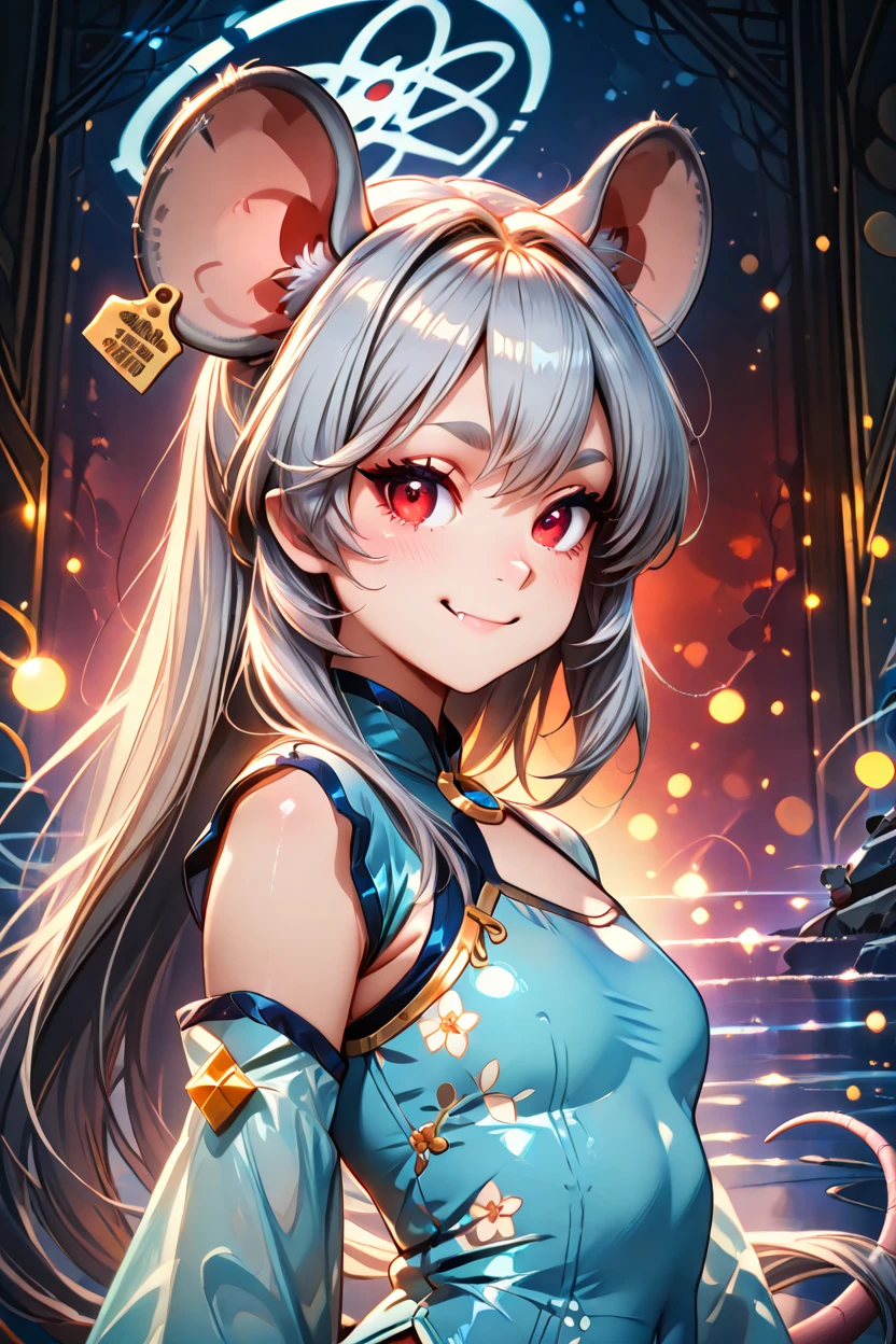 masterpiece, best quality, solo, curvy, beautiful eyes, zzSaya, animal ears, mouse ears, long hair, red eyes, grey hair, halo, mouse tail, mouse girl, tail, fang, china dress, ear tag, solo, blue dress, detached sleeves, mouse, bow  ,<lora:SayaBluearchiveIXL:1.0>, upper body, side view, smile, looking at viewer, shiny skin,<lora:RealisticAnimeIXL_v2:1.0>, shiny skin, bokeh, luminescent background,