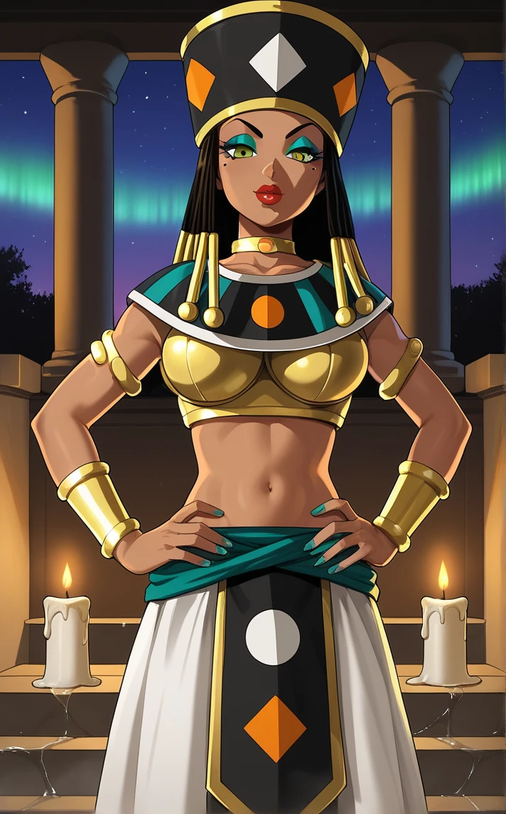 score_9, score_8_up, score_7_up, absurdres,outdoors, hands on own hips, night, aurora, starry sky, water, ancient greek bathhouse, stairs, greek mythology, sculpture, candle wax, candlelight, [fire|candle], [moonlight|sidelighting], <lora:PONYXL_DragonBallSuper_Heles_ownwaifu_r2:1> BREAK  MainOutfit_Heles_ownwaifu, 1girl, black hair, dark-skinned female, dreadlocks, eyelashes, green eyes, green eyeshadow, hair tubes, makeup, mole under eye, red lips, thick lips, dark skin, hat, gold, lipstick, jewelry, long hair, midriff, egyptian clothes, armlet, navel, egyptian, breasts, bracelet, bracer, crop top, choker, collarbone, large breasts, black headwear, long skirt, groin, white skirt, armor, braid, neck ring, yellow choker, <lora:add-detail-xl:0.15>,