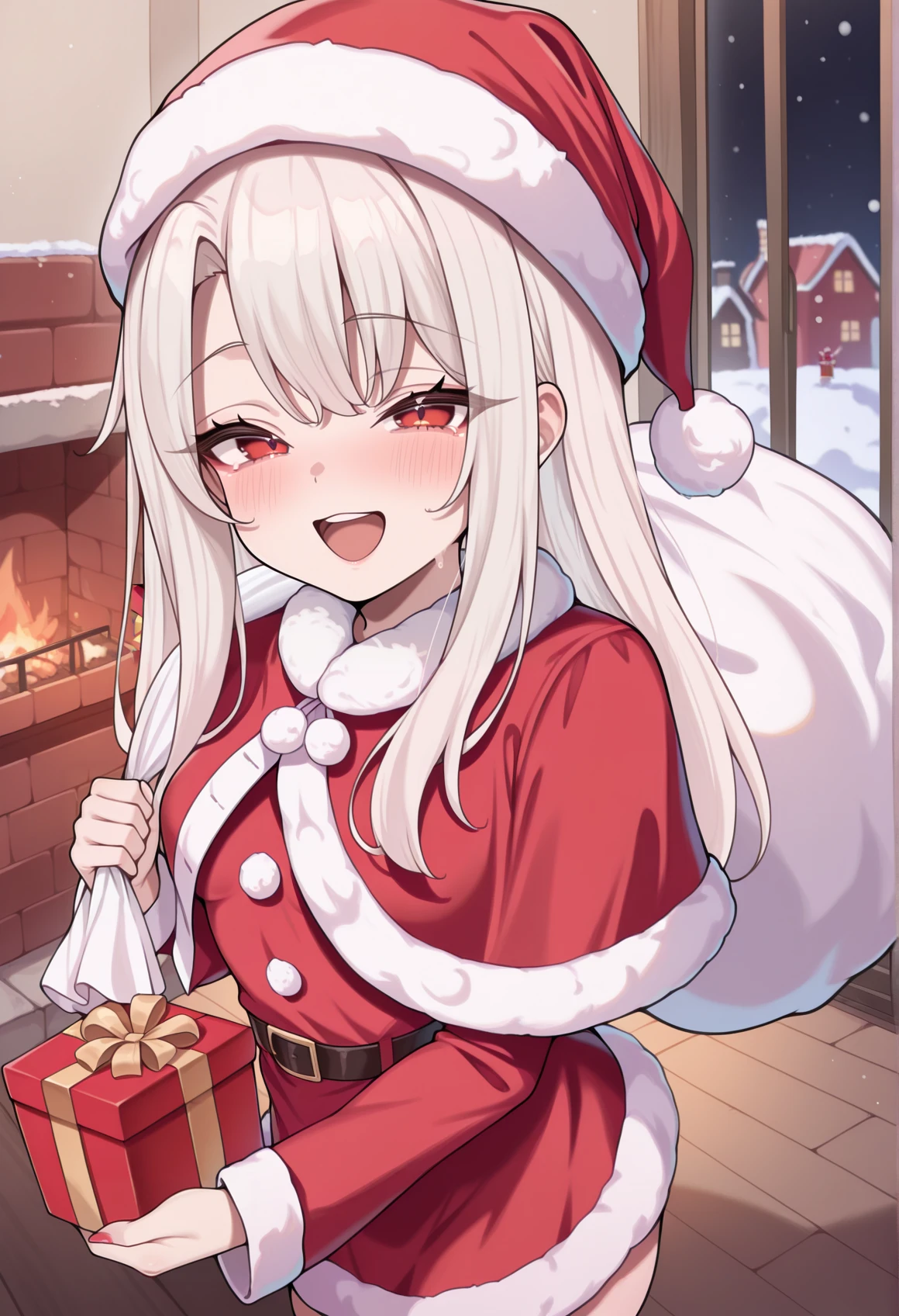 1girl, solo, white hair, red eyes, long hair, smile, open mouth, looking at viewer, indoors, santa hat, santa costume, winter clothes, holding sack, holding gift, small breasts, chimney <lora:Illya_Illus:1>, masterpiece, best quality, amazing quality, very aesthetic, absurdres, highres, newest