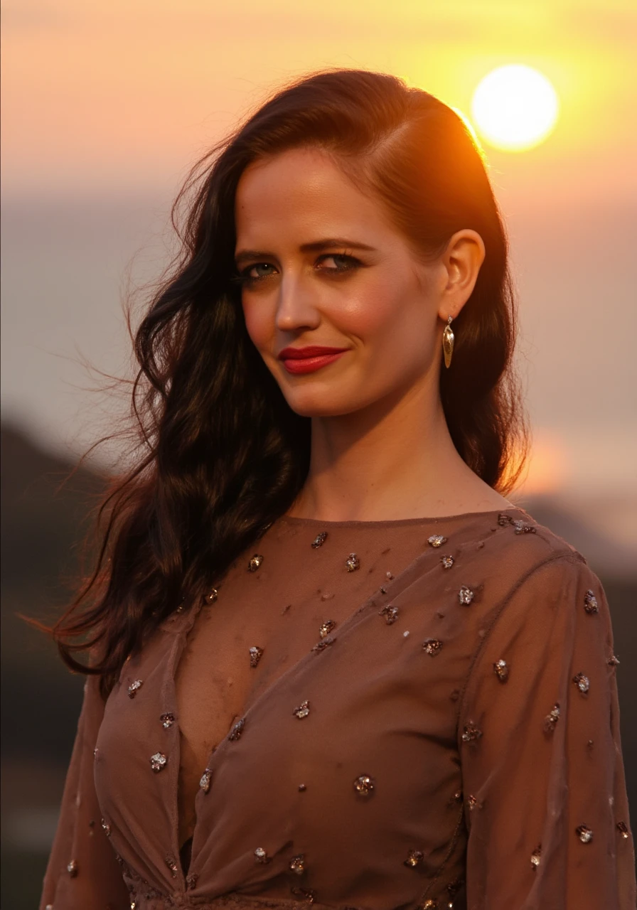 Create a stunning and detailed portrait of Eva Green that emphasizes her natural beauty and elegance. She should be depicted in a serene outdoor setting at sunset, with the warm, golden hues of the setting sun casting a soft glow on her face. Her expression should be captivating and slightly mysterious, with her signature smoky eye makeup and perfectly styled hair.

Additional Details:

Setting: The background should feature a breathtaking sunset with a gradient of warm colors, including shades of orange, pink, and purple. The scene could include elements like a tranquil beach, rolling hills, or a picturesque countryside, enhancing the overall romantic and peaceful atmosphere.

Attire: Eva Green should be dressed in a flowing, elegant gown that complements the sunset colors. The gown can be made of light, airy fabric that catches the gentle breeze, adding a sense of movement and grace to the image.

Lighting: Use the natural light of the setting sun to create a warm, golden glow on her skin, highlighting her natural beauty. The light should softly illuminate her features, making her eyes sparkle and her skin look radiant.

Expression: Her expression should be a mix of tranquility and subtle mystery, with a hint of a smile playing on her lips. Her gaze should be directed towards the horizon, as if lost in thought or admiring the beauty of the sunset.

Hair and Makeup: Her hair should be styled in loose, natural waves that gently frame her face, catching the light of the setting sun. Her makeup should be soft and natural, with a focus on her striking eyes and perfectly shaped brows. A touch of blush and a warm, natural lip color should complete the look.

Accessories: Add a few delicate accessories, such as a simple pendant or a pair of understated earrings, to complement her overall elegance without overpowering the natural beauty of the scene.

Color Palette: Use a warm and vibrant color palette, with shades of gold, orange, pink, and purple to capture the magic of the sunset. The colors should blend harmoniously, creating a visually stunning and emotionally evocative image.

Depth and Perspective: Use perspective and depth to create a sense of realism and tranquility. The foreground should feature Eva Green, with the background elements of the sunset and natural scenery subtly enhancing the overall composition without distracting from her.