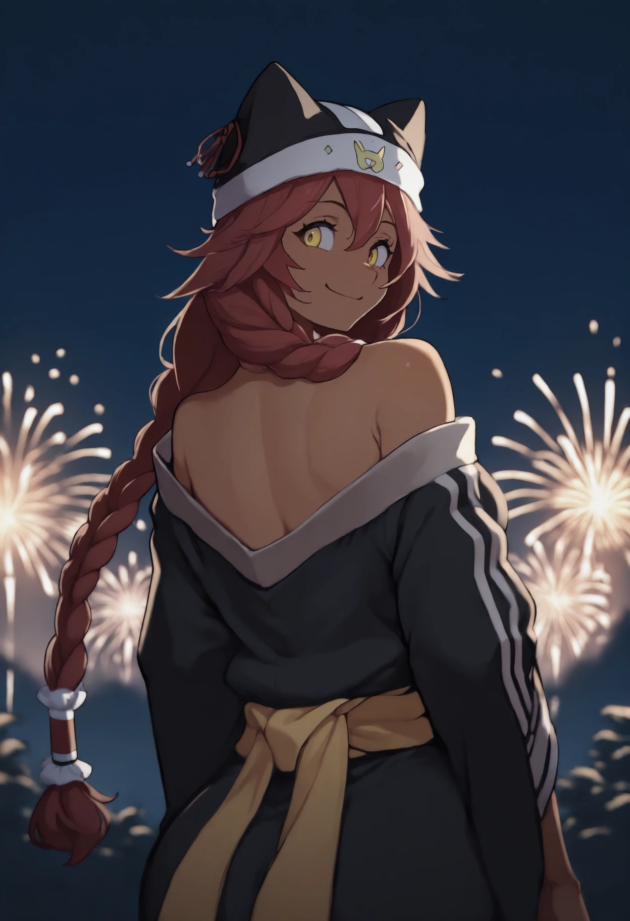 anime, masterpiece, best quality, from behind, solo, 1girl, lpsrgnbt, dark-skinned female, smile, looking back, long hair, red hair, hair between eyes, twin braids, hair tubes, animal hat, yellow eyes, japanese clothes, black kimono, off shoulder, yellow sash, bare shoulders, outdoors, night, fireworks
<segment:yolo-Anzhc Face seg 640 v2 y8n.pt,0.4,0.5//cid=1>