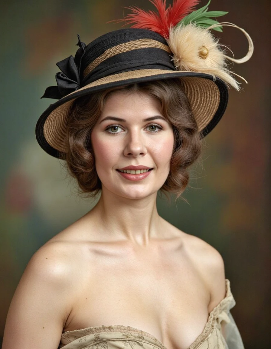 elegant classic 1900s portrait giant elegant elaborate hat with colorful feathers low neck line showing bosom   <lora:loretta-swit-hotlips-houlihan-flux:1>