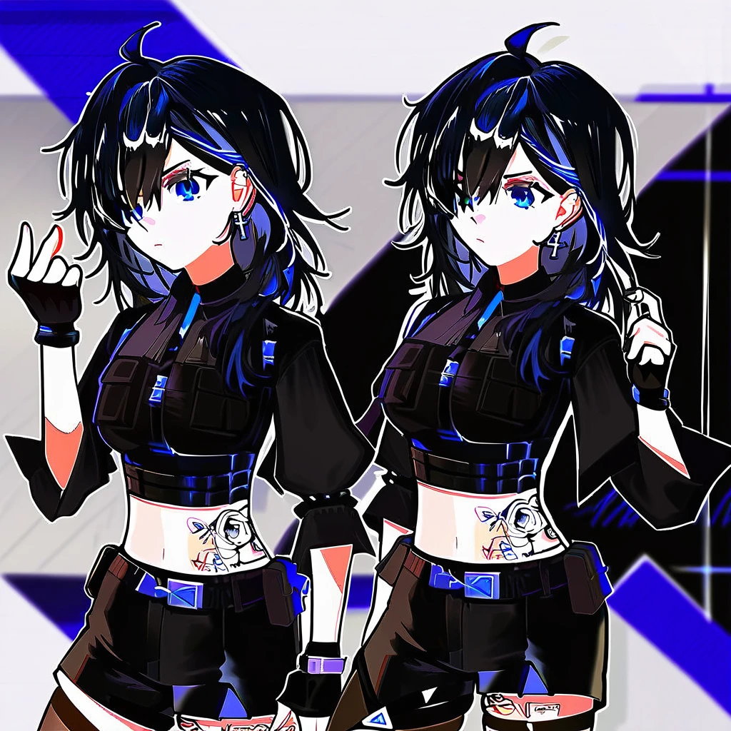 AyaseYuu, blue eyes, black hair, blue hair, black gloves, black shirt, multicolored hair, midriff, fingerless gloves, crop top, navel, tattoo, streaked hair, belt, black thighhighs, bangs, jewelry, cross earrings, ahoge, black shorts, piercing, collared shirt,