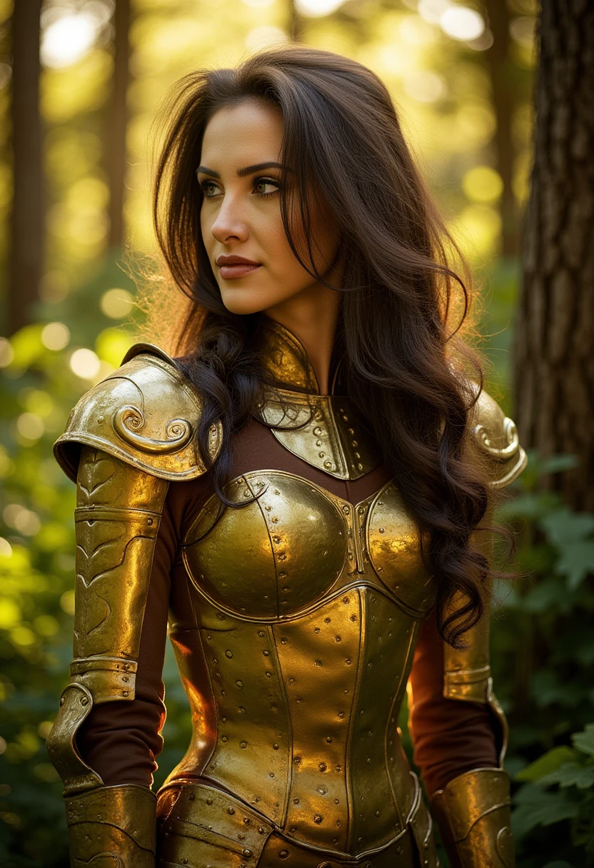 This is a highly detailed, high-resolution photograph of a young woman in a fantasy setting. She is dressed in elaborate, ornate medieval-style armor, predominantly made of shiny, metallic gold. The armor is intricately designed with intricate patterns and motifs, giving it a regal and otherworldly appearance. Her long, wavy hair cascades down her shoulders, partially obscuring her face. She has a fair complexion, and her eyes are mesmerizing, which are gazing thoughtfully into the distance. Her expression is calm yet intense, with a slight hint of sadness or contemplation.

The background is a lush, green forest bathed in warm, golden light, suggesting it is either early morning or late afternoon. The sunlight filters through the dense foliage, creating a bokeh effect with the leaves and branches blurred into soft, circular shapes, adding a dreamy and ethereal quality to the image. The texture of the armor is highly polished, reflecting the light and enhancing its metallic sheen. The overall mood of the photograph is one of mystery and strength, blending elements of fantasy and nature. The image is rich in detail, with a focus on the subject's attire and the play of light and shadow. J4SM1N