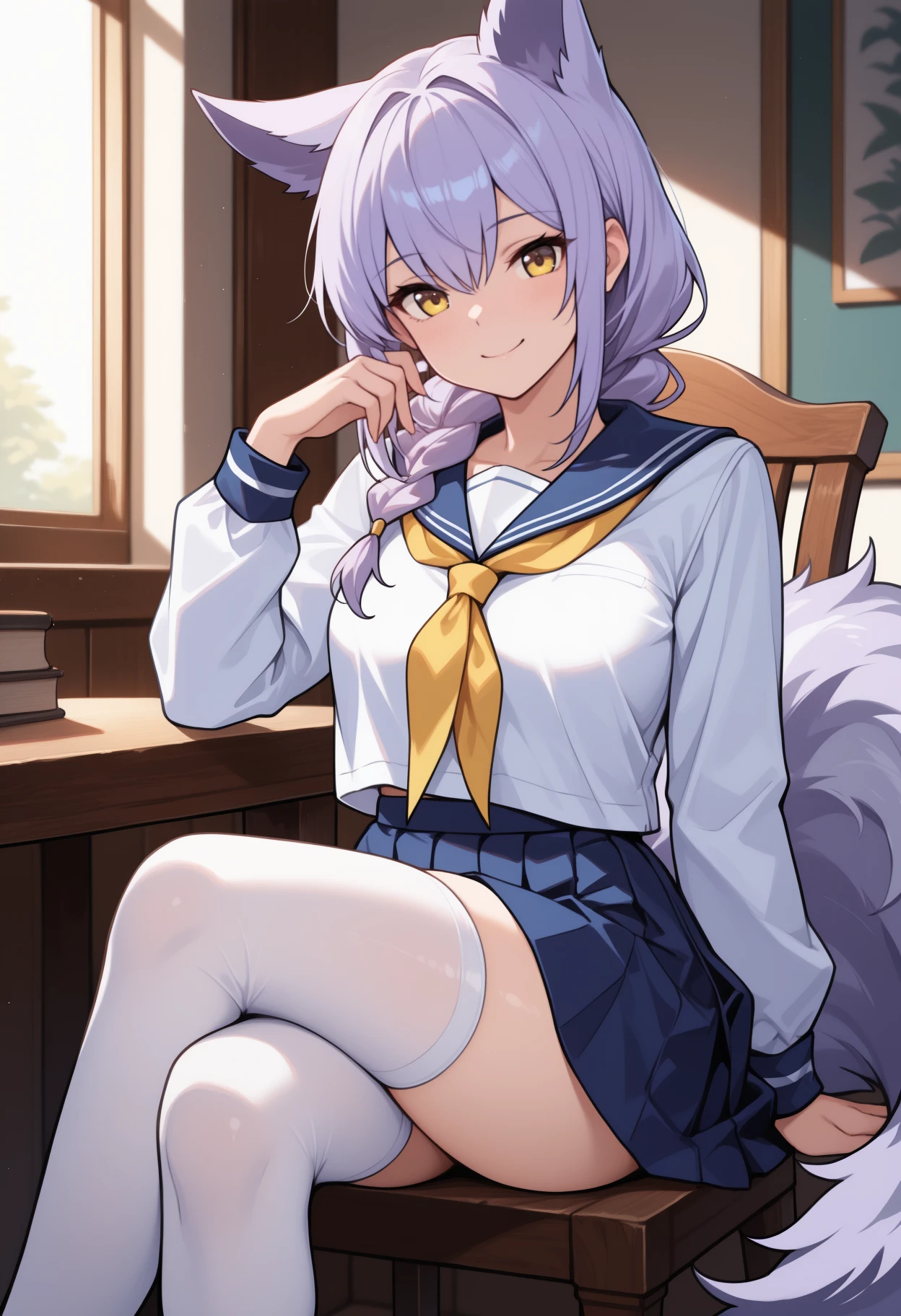 masterpiece, best quality, feet out of frame, solo, 1girl, prvcdef, wolf tail, large tail, smile, looking at viewer, sitting, on chair, crossed legs, long hair, purple hair, hair between eyes, single braid, animal ears, extra ears, yellow eyes, serafuku, white shirt, blue sailor collar, yellow neckerchief, long sleeves, blue skirt, pleated skirt, white thighhighs, indoors, table
<segment:yolo-face_yolov8m.pt,0.4,0.5//cid=1>