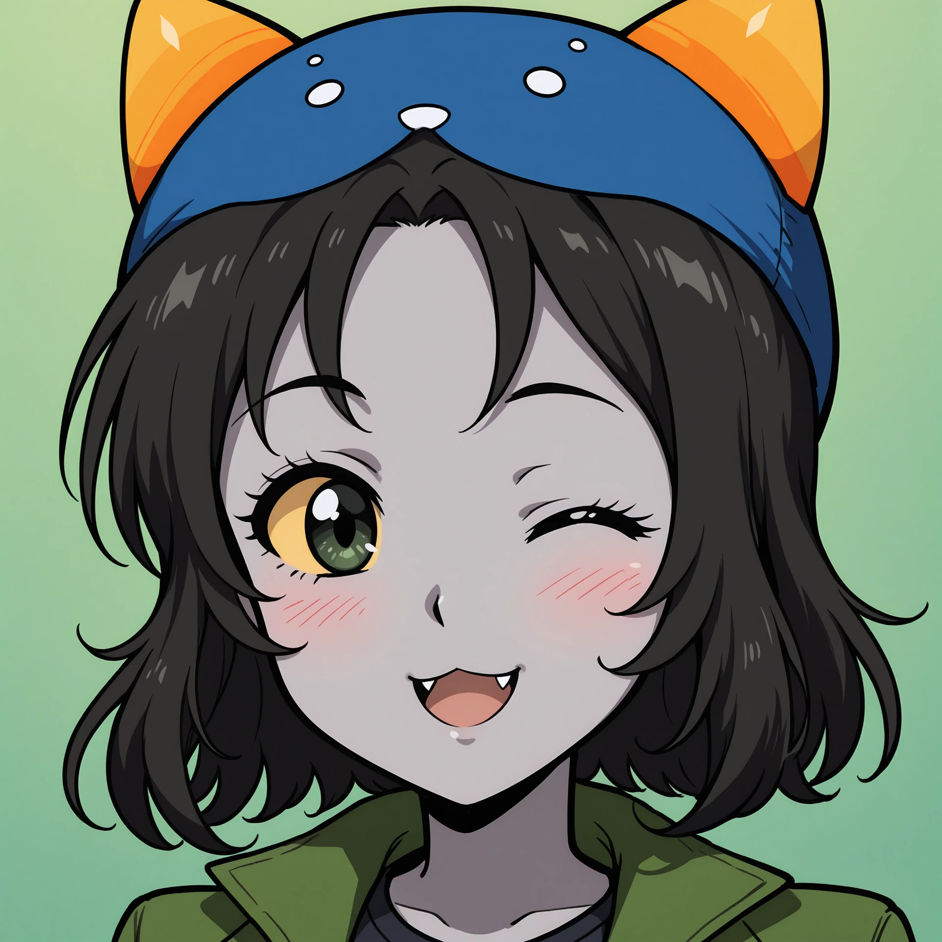 vscore_9, score_8_up, score_7_up, score_6_up, score_5_up, score_4_up, 2d, anime, anime artstyle, simple shadows, flat coloring, flat shadows, thick lines,  <lora:Nepeta_Leijon_Homestuck_-_SDXL_Illustrious:1>, nepeta leijon, 1girl, solo, looking at viewer, blush, smile, open mouth, shirt, black hair, hat, :d, one eye closed, medium hair, colored skin, fangs, colored sclera, green background, grey skin, detailed face, beautiful face, face close up, blue hat, green jacket