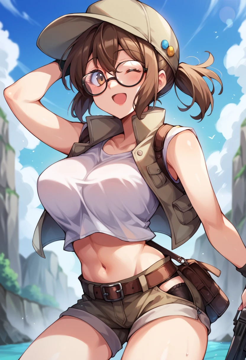 score_9, score_8_up, score_7_up, score_6_up, score_5_up, score_4_up, masterpiece, best quality, BREAK,
1girl, outdoors,  <lora:Fio_Germi_Metal_slug_Pony_ver01:1> fio_germi, glasses, brown hair female, hat, large breasts, crop top, vest, midriff, short shorts, gun