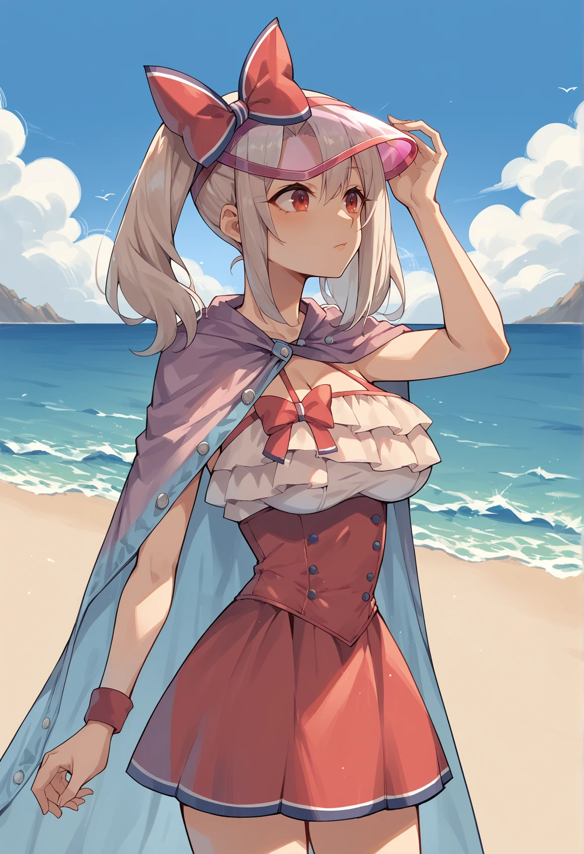 1girl, solo, white hair, red eyes, long hair,twintails, bow, dress swimsuit, visor cap, cape, wristband, hand on hair, outdoors, beach, big breasts  <lora:Illya_pony_v2:1>, score_9, score_8_up, score_7_up, score_6_up, score_5_up, score_4_up, BREAK source_anime, masterpiece