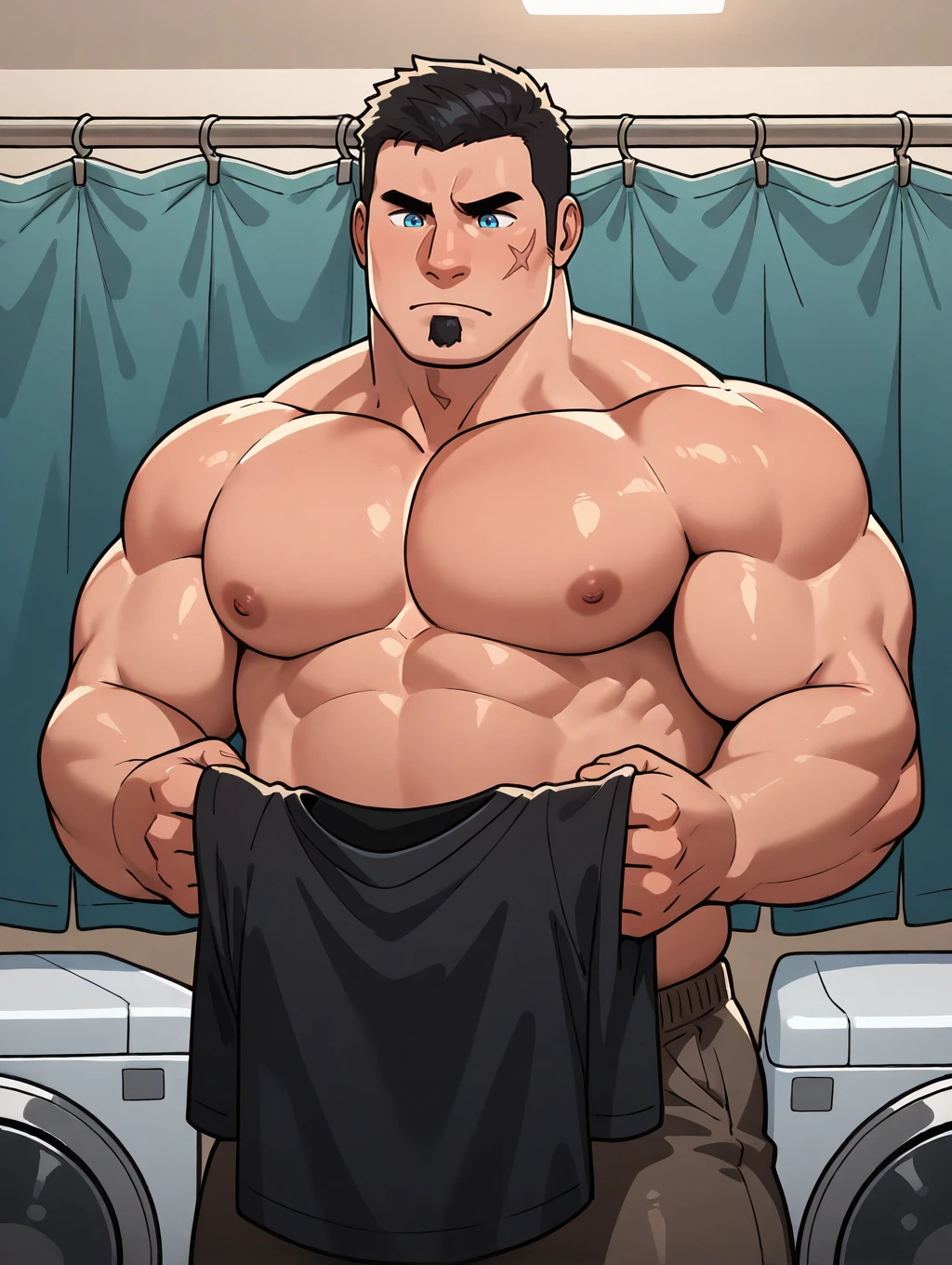 <lora:OG_Marcus_Fenix_IL:0.99> ogmarcusfenix, black hair, very short hair, topless, top less, muscular, bara, chubby, goatee, scar on face, blue eyes, cowboy shot, frown, laundry room, grabbing black shirt, masterpiece, best quality