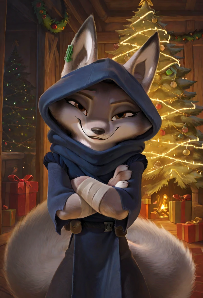 source_furry, best quality, amazing quality, detailed background, masterpiece, 1girl, looking at viewer, solo, ( sexy pose, seductive smile, seductive look, horny :1.1),hooded blue tunic, black belt, baggy trousers, zhen, fox girl, fox ears,brown eyes, gray and white fur, fox tail, jade earring, room, christmas decorations, christmas tree, christmas lights, huge filesize, <lora:ZhenIL:1>