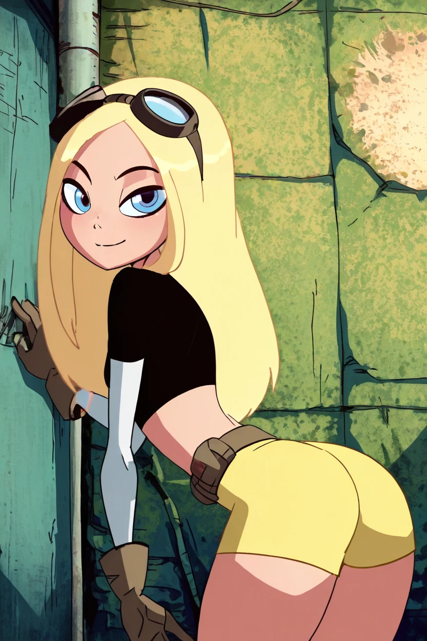 masterpiece, best quality, solo, curvy, beautiful eyes,zzTerra, blue eyes, blonde hair, long hair,  gloves, goggles, yellow shorts, black shirt, midriff,   <lora:TerraTitansIXL:1.0>, side view, ass, leaning forward, cowboy shot, smile, looking at viewer, shiny skin,<lora:DiivesIXL:1.0>,