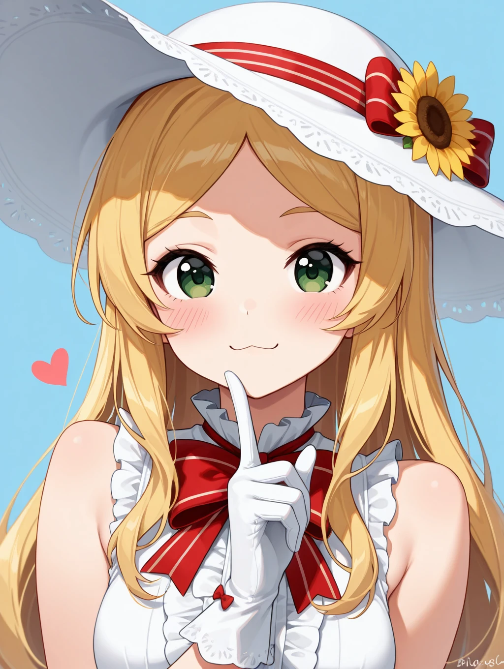 lapice, 1girl, solo, long hair, looking at viewer, blush, smile, blonde hair, simple background, shirt, gloves, hat, bow, ribbon, bare shoulders, closed mouth, green eyes, upper body, heart, frills, sleeveless, striped, artist name, white gloves, red bow, sleeveless shirt, :3, white headwear, blue background, index finger raised, sun hat, hat flower



masterpiece, best quality,amazing quality, very aesthetic, absurdres, depth of field, blurry background, extremely detailed face, detailed eyes