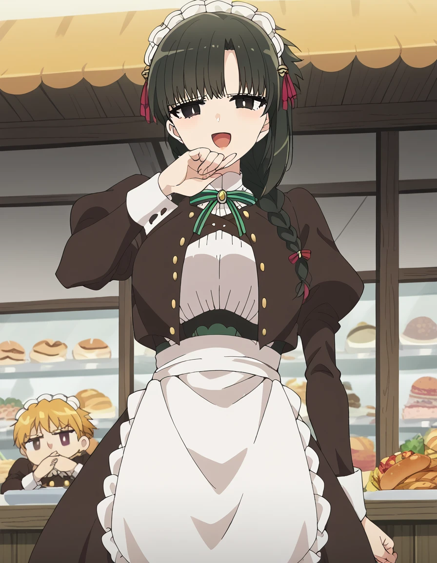 score_9, score_8_up, score_7_up, source_anime, <lora:kimimeido-yuki-s1-ponyxl-lora-nochekaiser:1>, kimimeido yuki, long hair, black hair, hair ornament, braid, black eyes, single braid, white pupils, large breasts, hair over shoulder, anime screencap,, long sleeves, ribbon, puffy sleeves, apron, maid, juliet sleeves, maid headdress,, market, stalls, people, food, trade, smile, <lora:ojou-sama-pose-ponyxl-lora-nochekaiser:1>, ojou-sama pose, laughing, smug, hand to own mouth, open mouth,, looking at viewer, solo,, dutch angle, cowboy shot