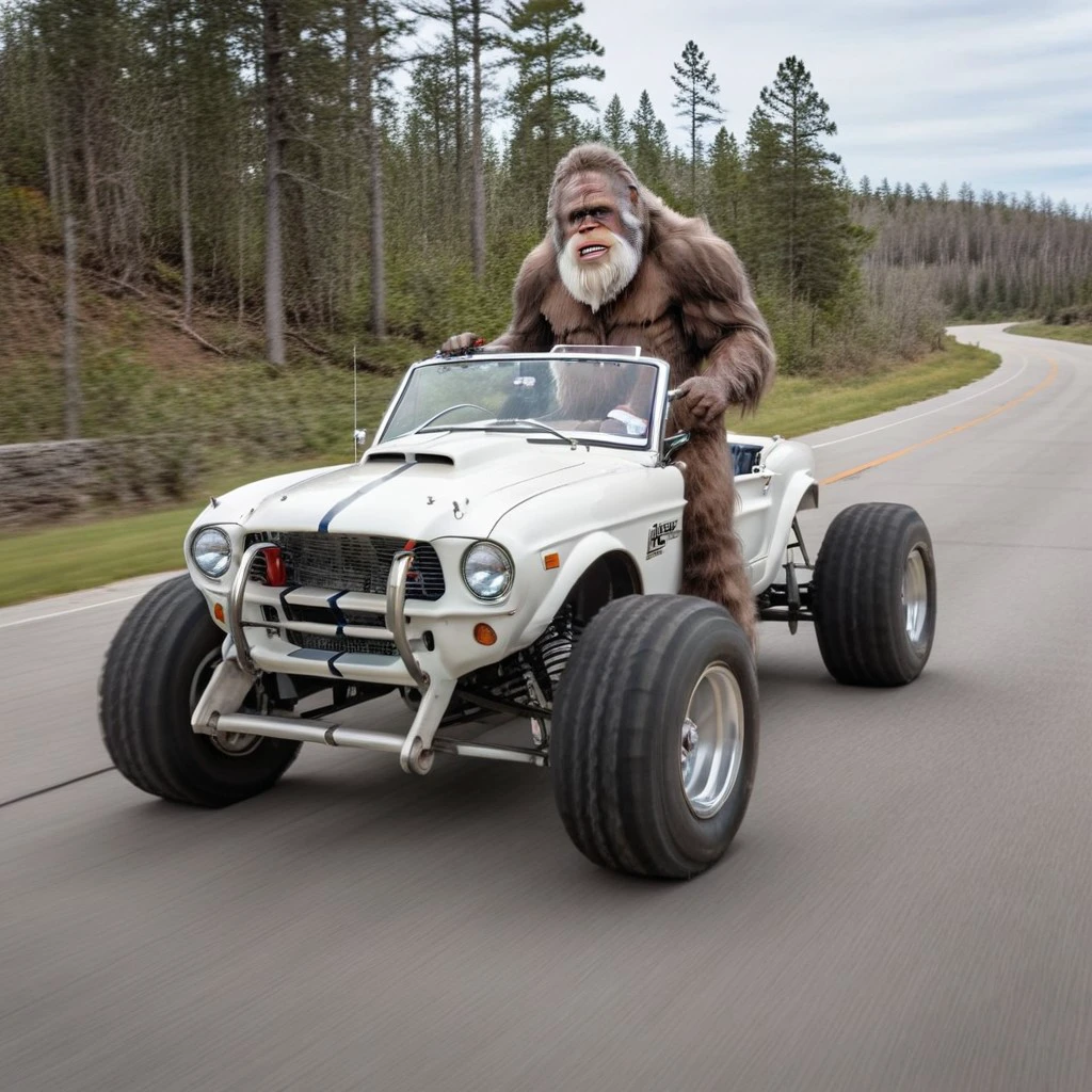 Dynamic perspective, 1man, sasquatch, bigfoot driving, wild long fur, sharp white beard, driving a car, Shelby 427, white rally stripes