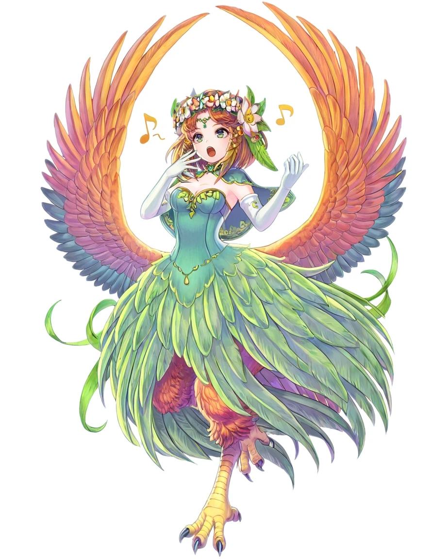 <lora:GAME_STYLE_Echoes_of_Mana_IL:1>,
airbrush \(medium\),
BREAK
1girl, green eyes, solo, wings, gloves, singing, flower, music, monster girl, open mouth, musical note, elbow gloves, head wreath, white gloves, hair ornament, full body, feathers, feathered wings, white background, hair flower, capelet, brown hair, bird legs, eighth note, simple background, centauroid, talons, dress, ,masterpiece, best quality,