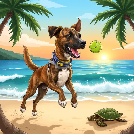 A simplistic cartoon caricature of Eli Dog, jumping high into the air to catch a tennis ball in his mouth. The image emphasizes the dog's exaggerated  features, like big eyes and teeth, with a open mouth. The background is a tropical beach with ocean waves, a sea turtle, and a sunset on the horizon