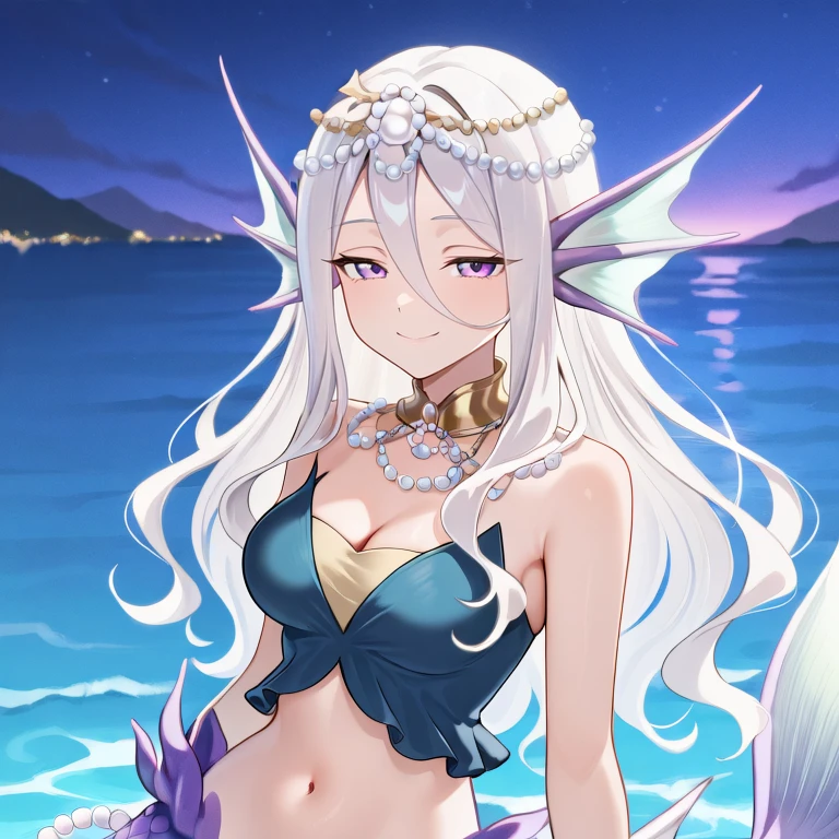 <lora:EmeloneIL:0.7> , emdef, 1girl, (mermaid), mermaid tail, monster girl, purple eyes, long hair, hair between eyes, white hair, head fins, purple scales, cleavage, navel, midriff, sleeveless, (blue top), yellow chest wrap, jewelry, beads, pearl (gemstone), exterior, night, ocean, closed mouth, smile, half-closed eyes, serene, looking at viewer, ((face, close-up)), face focus, (portrait), , solo, masterpiece, very aesthetic, absurdres, best quality, amazing quality, high resolution, detailed background,  <lora:illustrious_quality_modifiers_masterpieces_v1:1> ,